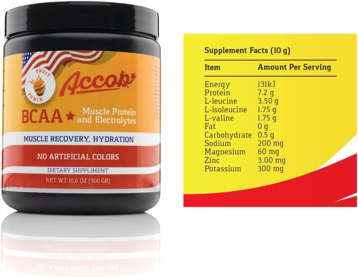 Fruit Punch BCAA Powder with Collagen Peptides for Muscle Recovery - Pre/Post Workout Drink with Electrolytes - 30 Servings