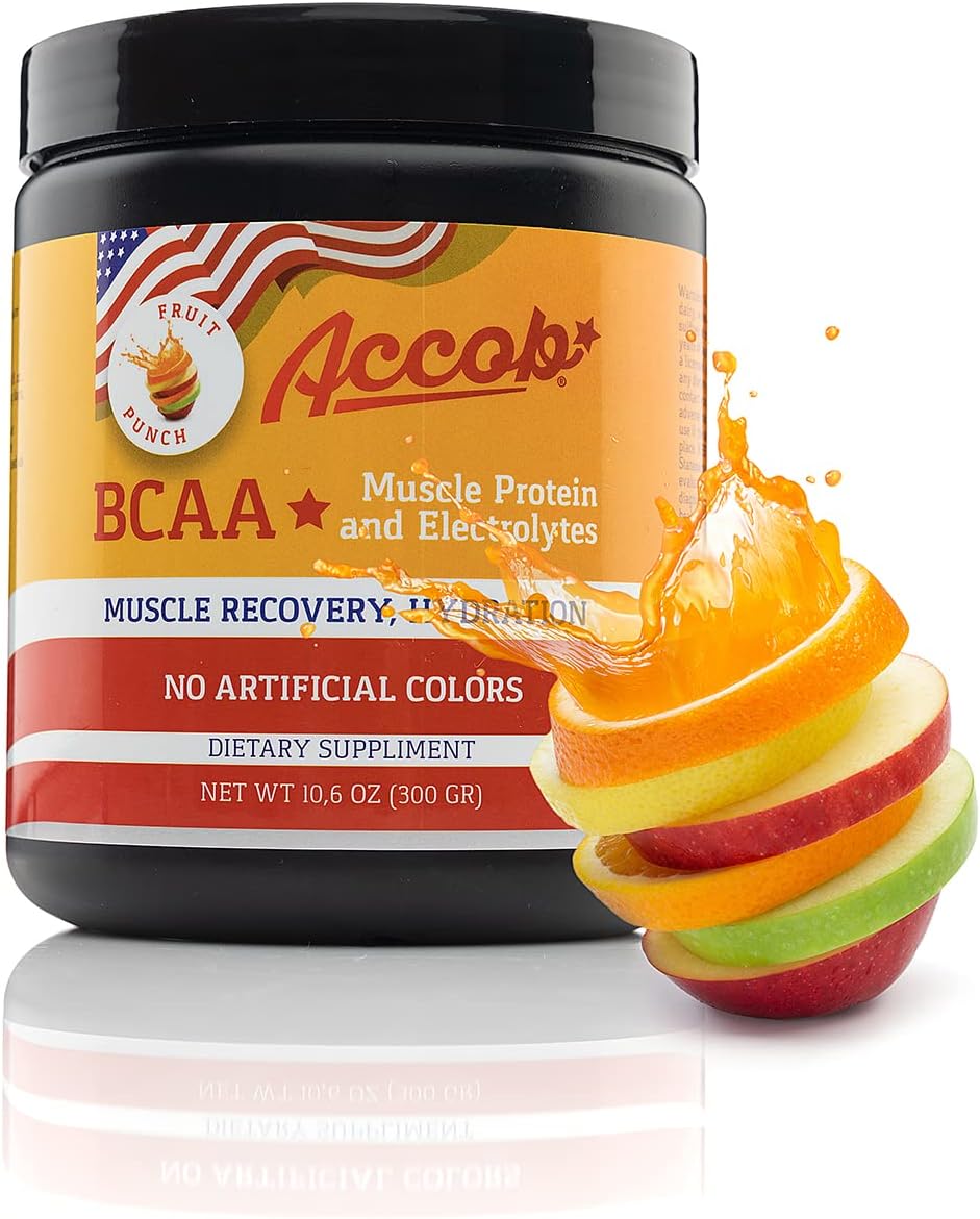 Fruit Punch BCAA Powder with Collagen Peptides for Muscle Recovery - Pre/Post Workout Drink with Electrolytes - 30 Servings