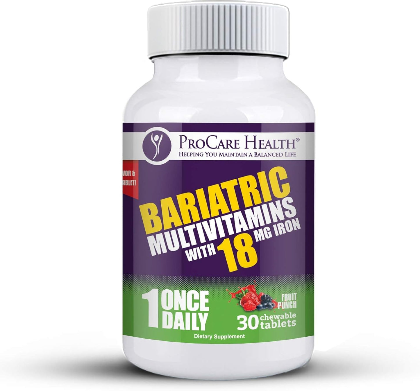 Fruit Punch Flavor Bariatric Multivitamin Chewable Pills with Iron for Gastric Bypass Patients - 30 Tablets