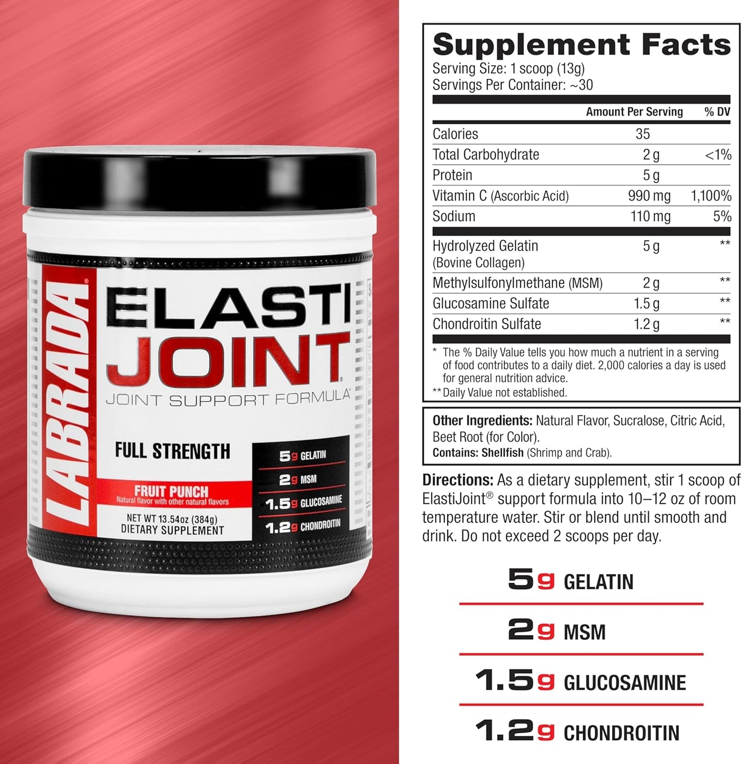 Fruit Punch Glucosamine Joint Support Powder for Men & Women - Labrada Nutrition Elastijoint with MSM, Chondroitin - Gluten-Free Health Supplement