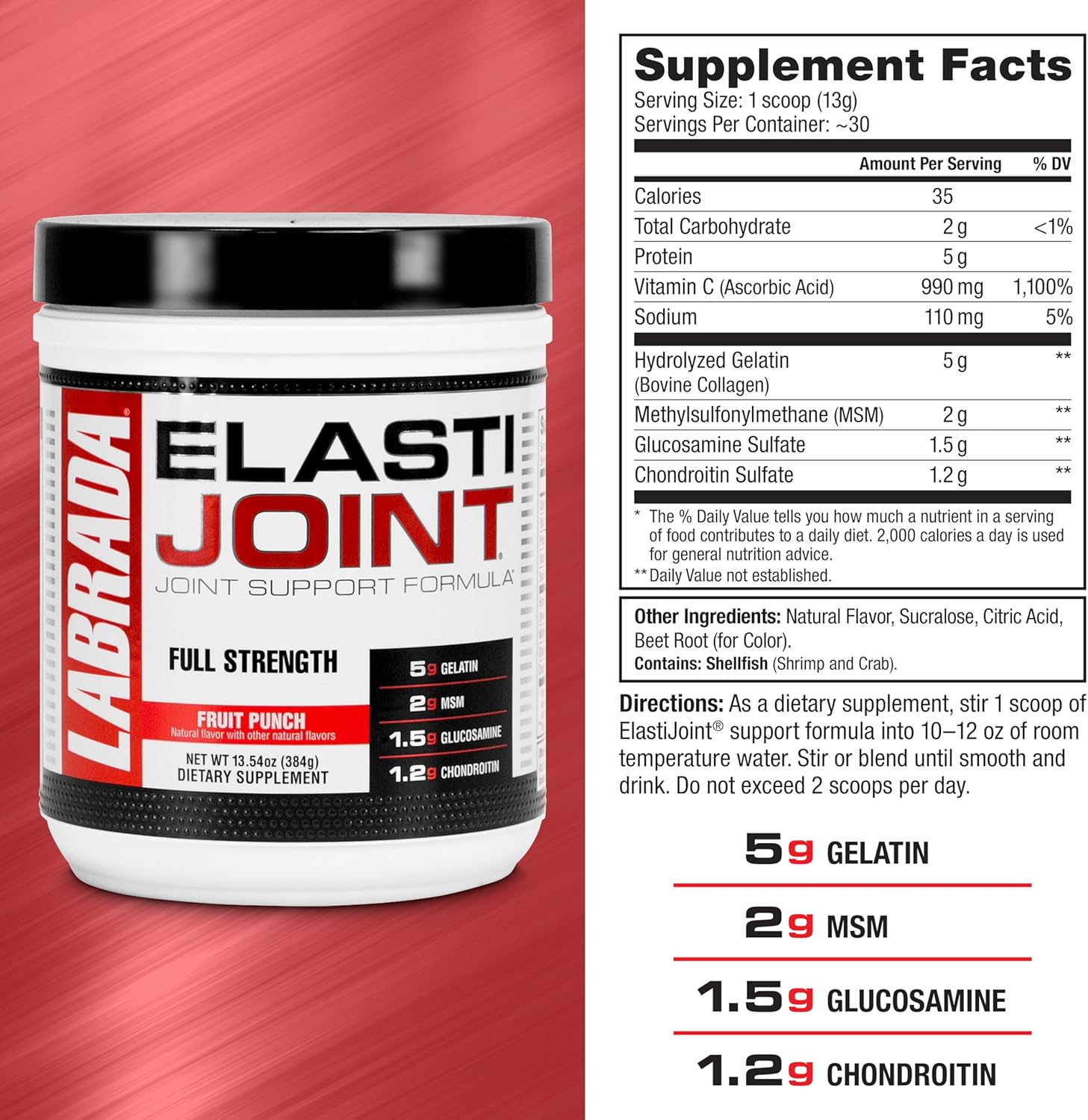 Fruit Punch Glucosamine Joint Support Powder for Men & Women - Labrada Nutrition Elastijoint with MSM, Chondroitin - Gluten-Free Health Supplement