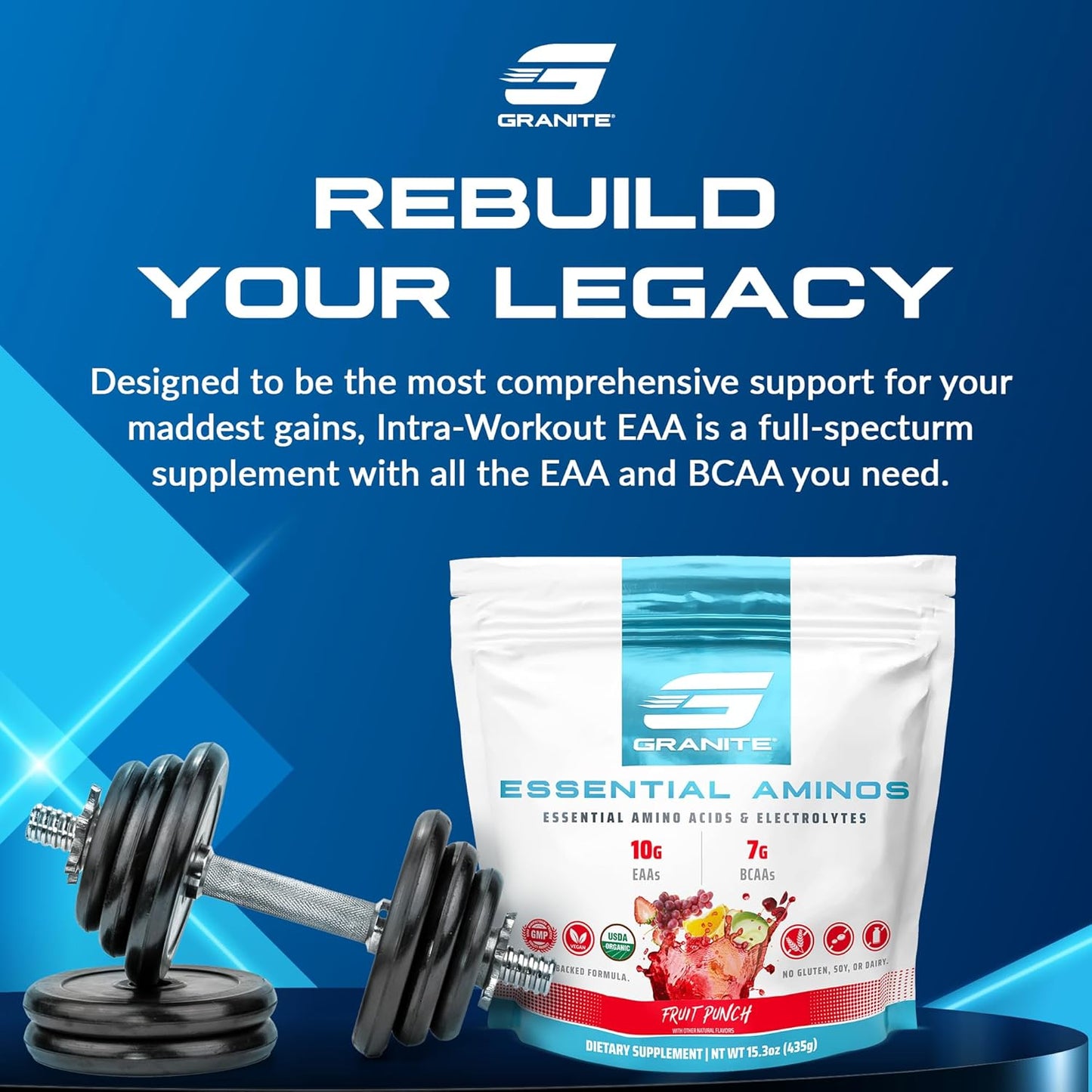 Fruit Punch Granite Essential Amino Acids Powder: 10g EAAs, 7g BCAAs, Muscle Recovery & Growth Support, Soy & Gluten-Free - 30 Servings