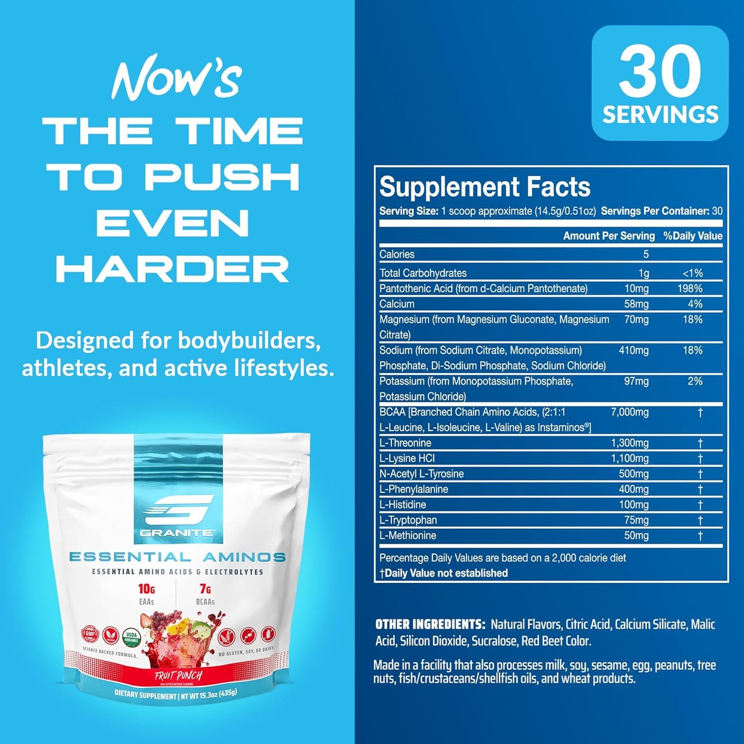 Fruit Punch Granite Essential Amino Acids Powder: 10g EAAs, 7g BCAAs, Muscle Recovery & Growth Support, Soy & Gluten-Free - 30 Servings