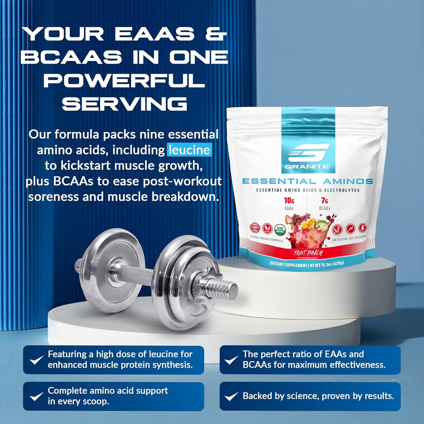 Fruit Punch Granite Essential Amino Acids Powder: 10g EAAs, 7g BCAAs, Muscle Recovery & Growth Support, Soy & Gluten-Free - 30 Servings