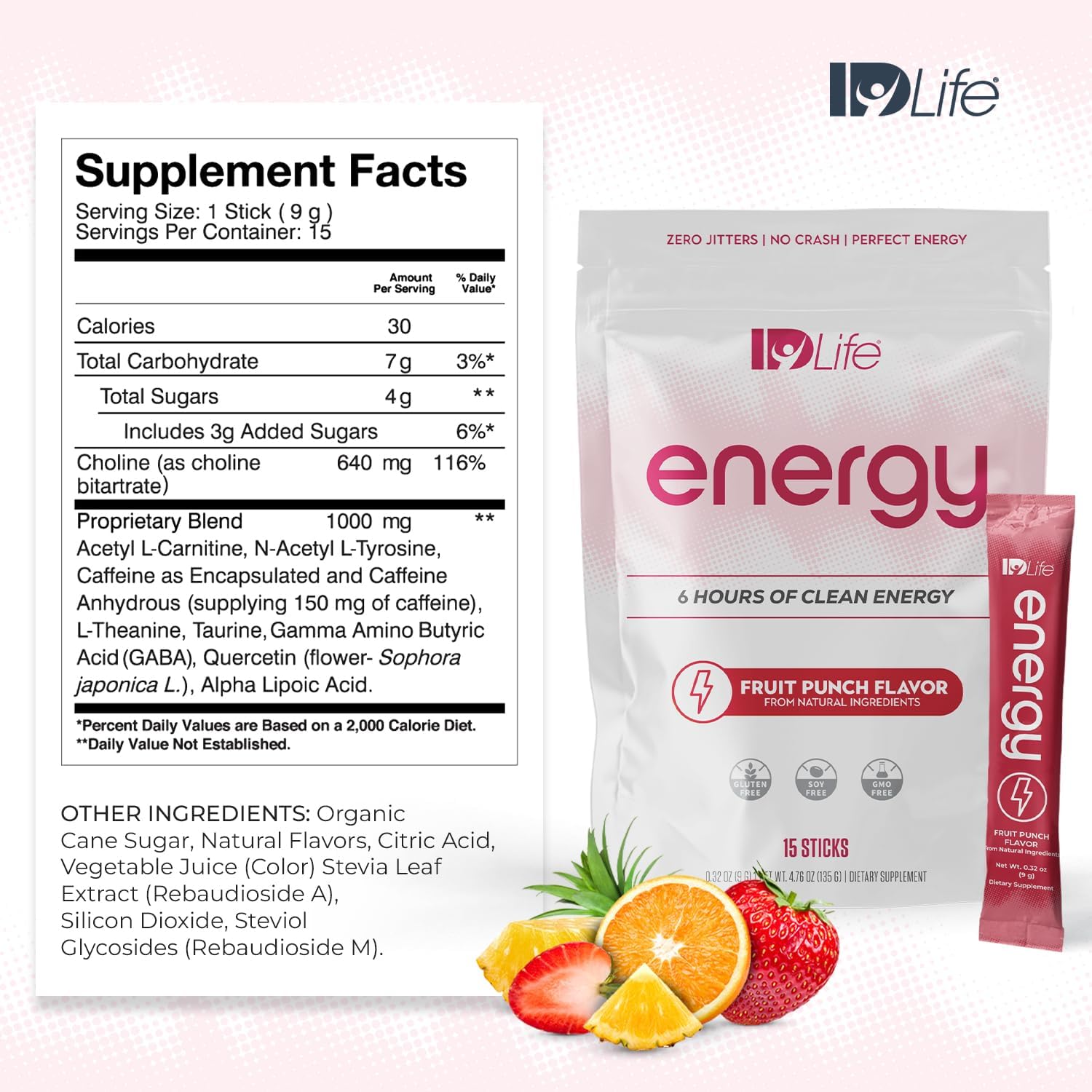Fruit Punch IDLife Energy Powder for Sustained Energy Boost - Healthy Drink for Work, Gym, and Daily Use - No Jitters or Crash - 15 Sticks