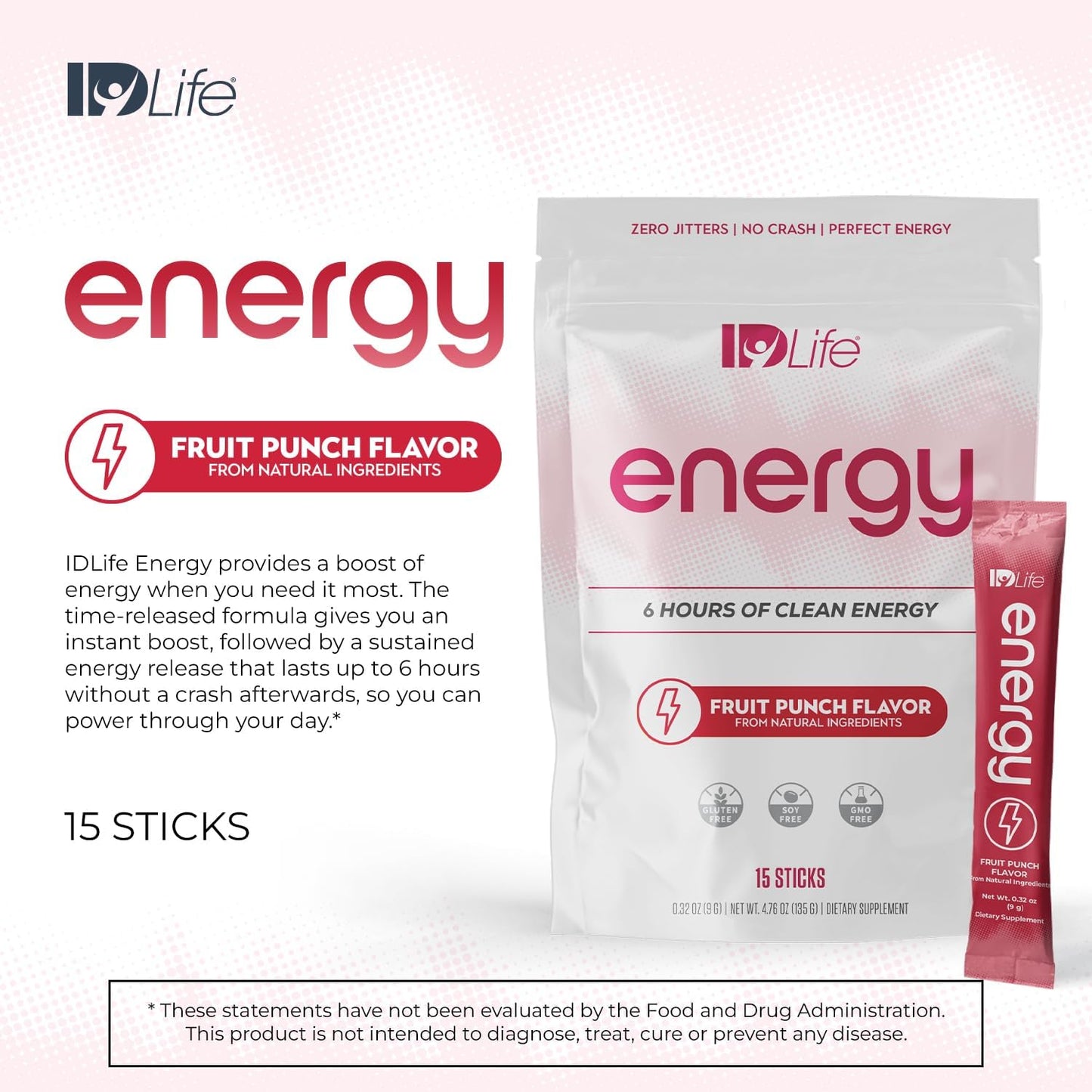 Fruit Punch IDLife Energy Powder for Sustained Energy Boost - Healthy Drink for Work, Gym, and Daily Use - No Jitters or Crash - 15 Sticks