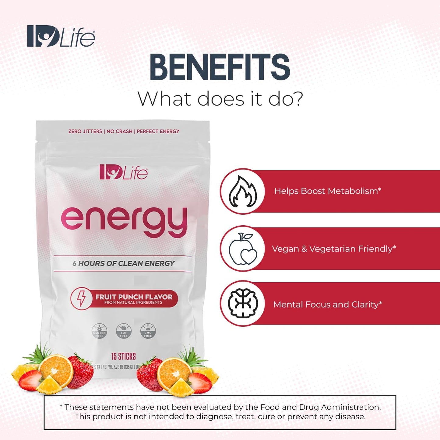 Fruit Punch IDLife Energy Powder for Sustained Energy Boost - Healthy Drink for Work, Gym, and Daily Use - No Jitters or Crash - 15 Sticks