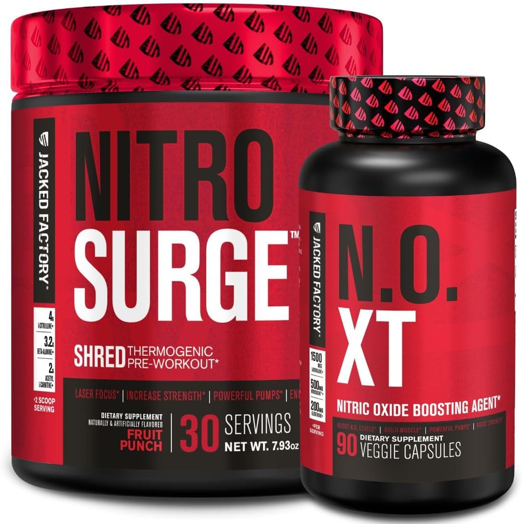 Fruit Punch Nitrosurge Shred Pre-Workout & N.O. XT Nitric Oxide Booster for Men & Women by Jacked Factory