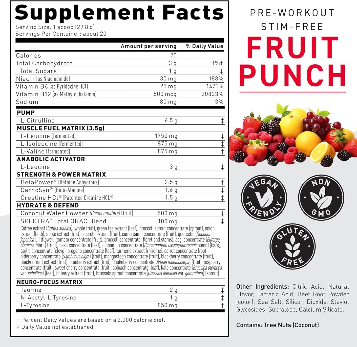 Fruit Punch Pre-Kaged Stimulant-Free Pre Workout Powder with Creatine & Beta Alanine - No Jitters - 20 Servings