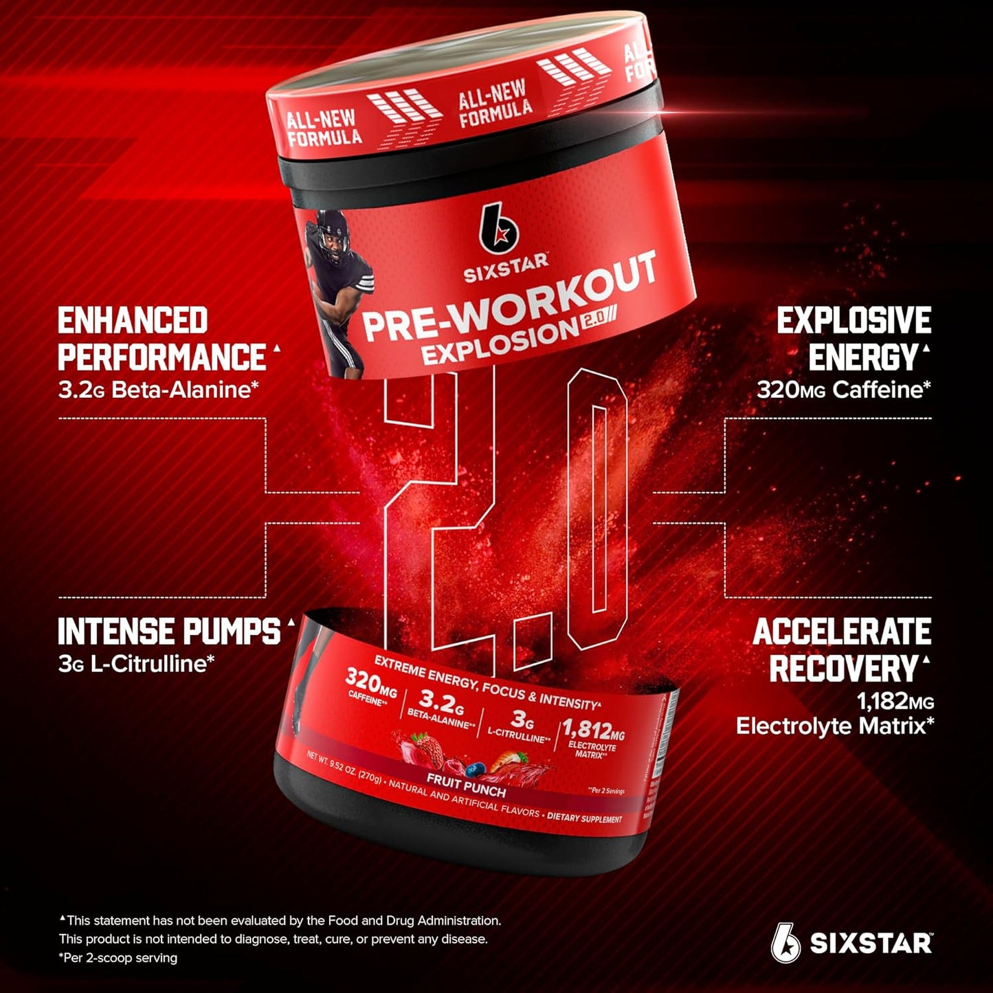 Fruit Punch Preworkout Explosion 2.0 Powder Drink Mix - Energy Booster with Beta-Alanine & Caffeine - Sports Nutrition Supplement for Men & Women (30 Servings)