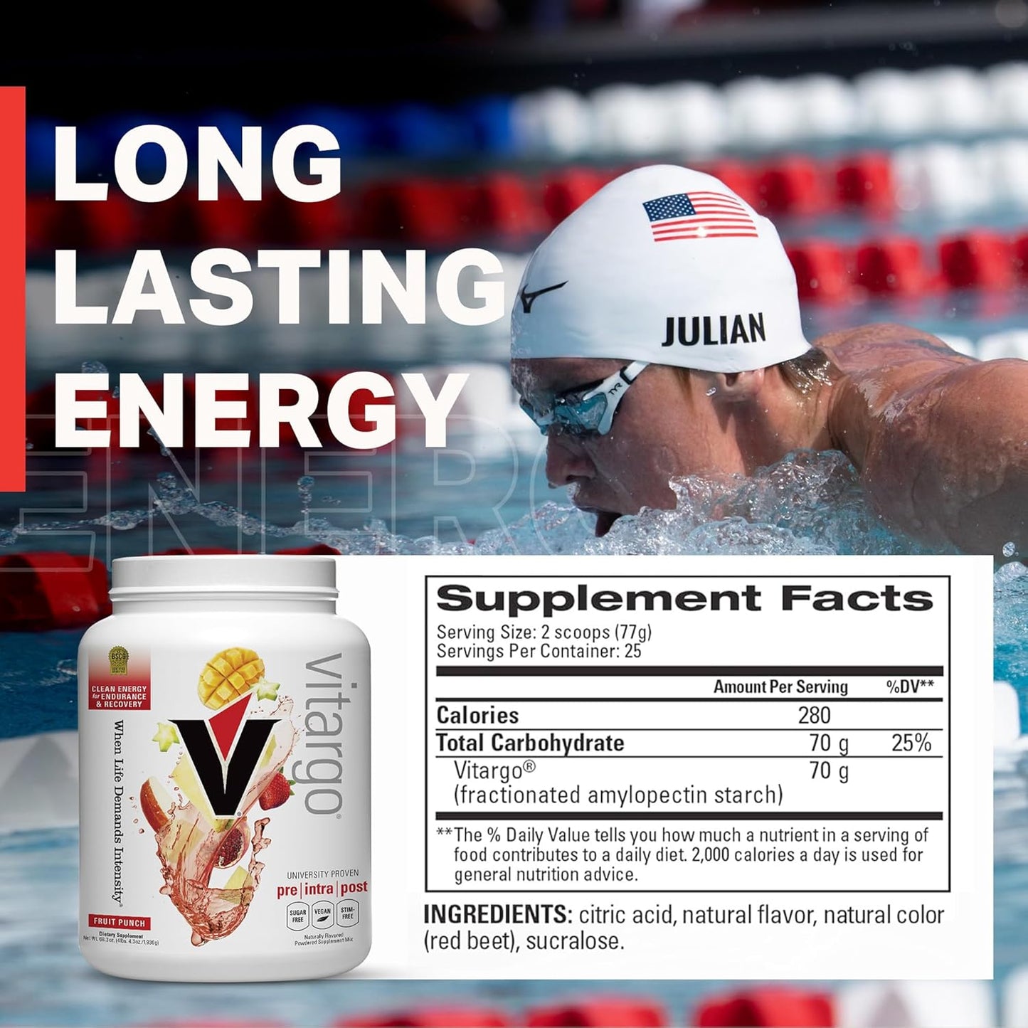 Fruit Punch Vitargo Carbohydrate Powder - 4.4 LB, Fast Digesting, No Bloat or Crash, Sugar-Free Complex Carb Powder for Recovery, Endurance & Muscle Gain - Made in USA