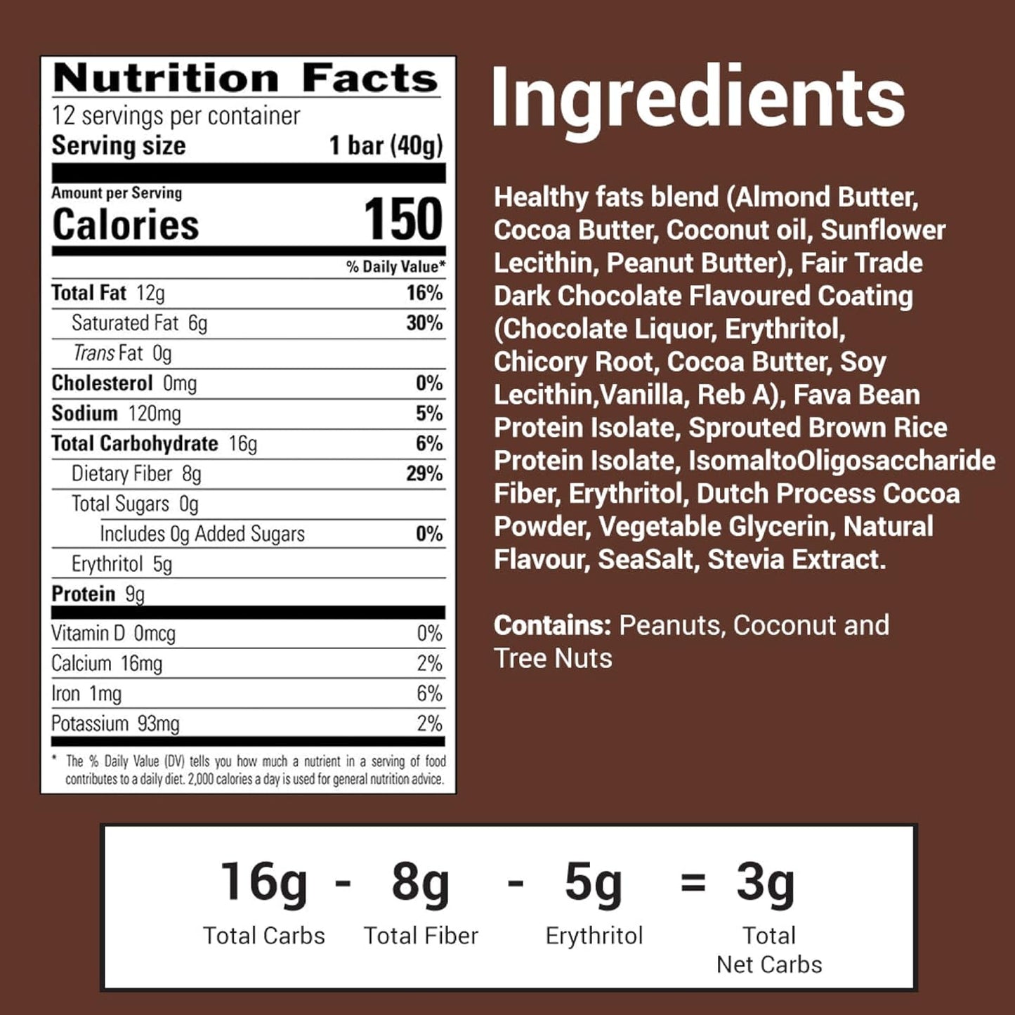 Fudge Brownie Keto Bars - Low Carb Snack with 9g Protein, 13g Healthy Fat, Sugar Free, 12 Bars