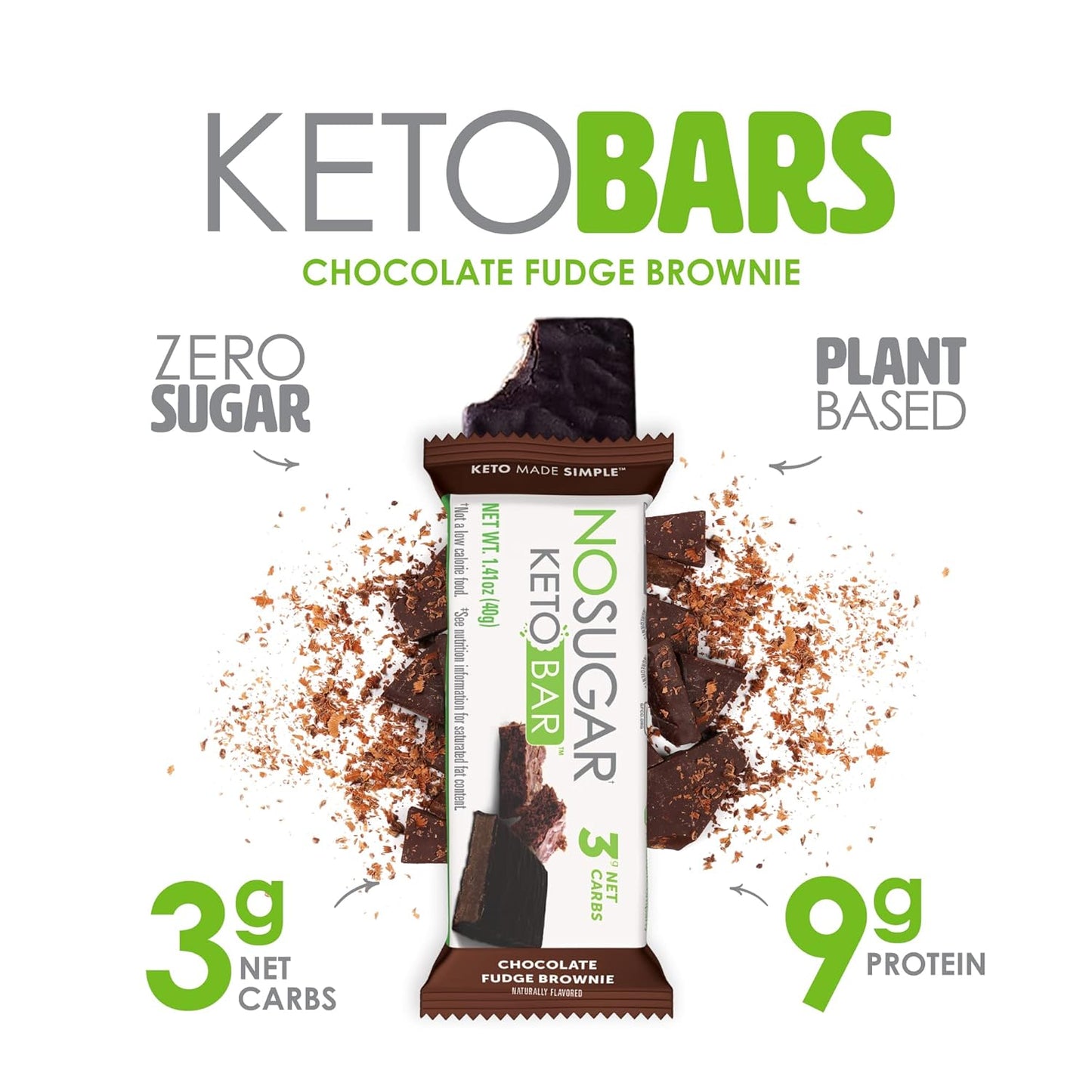 Fudge Brownie Keto Bars - Low Carb Snack with 9g Protein, 13g Healthy Fat, Sugar Free, 12 Bars