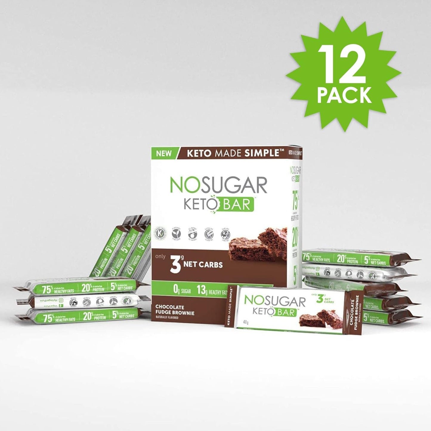 Fudge Brownie Keto Bars - Low Carb Snack with 9g Protein, 13g Healthy Fat, Sugar Free, 12 Bars