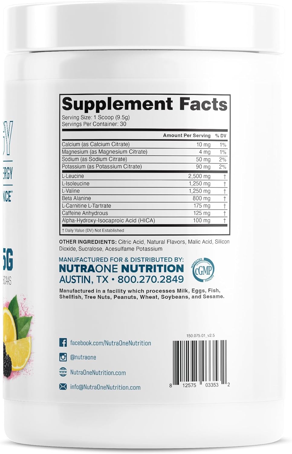 Fuel and Recover with NutraOne Amino Energy BCAA Powder Pre-Workout Supplement - BlackBerry Lemonade Flavor, 30 Servings