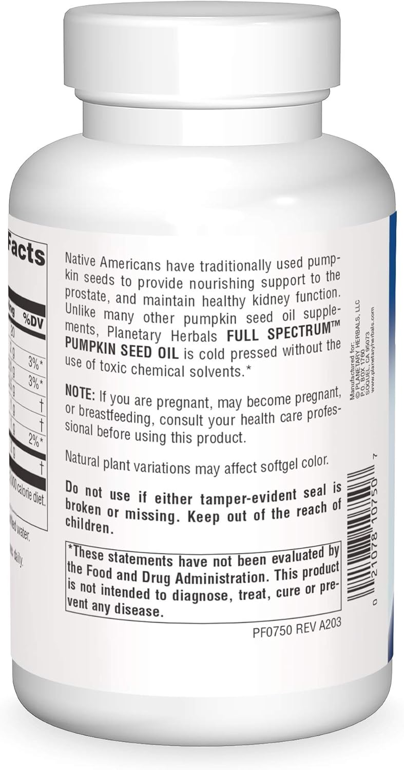 Full Spectrum Pumpkin Seed Oil Capsules - 1,000mg, 180 Count - Prostate Support Supplement by Planetary Herbals