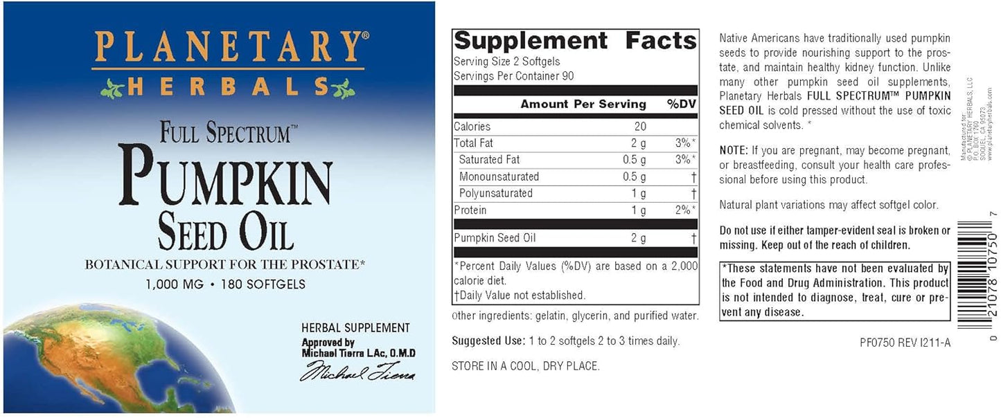 Full Spectrum Pumpkin Seed Oil Capsules - 1,000mg, 180 Count - Prostate Support Supplement by Planetary Herbals