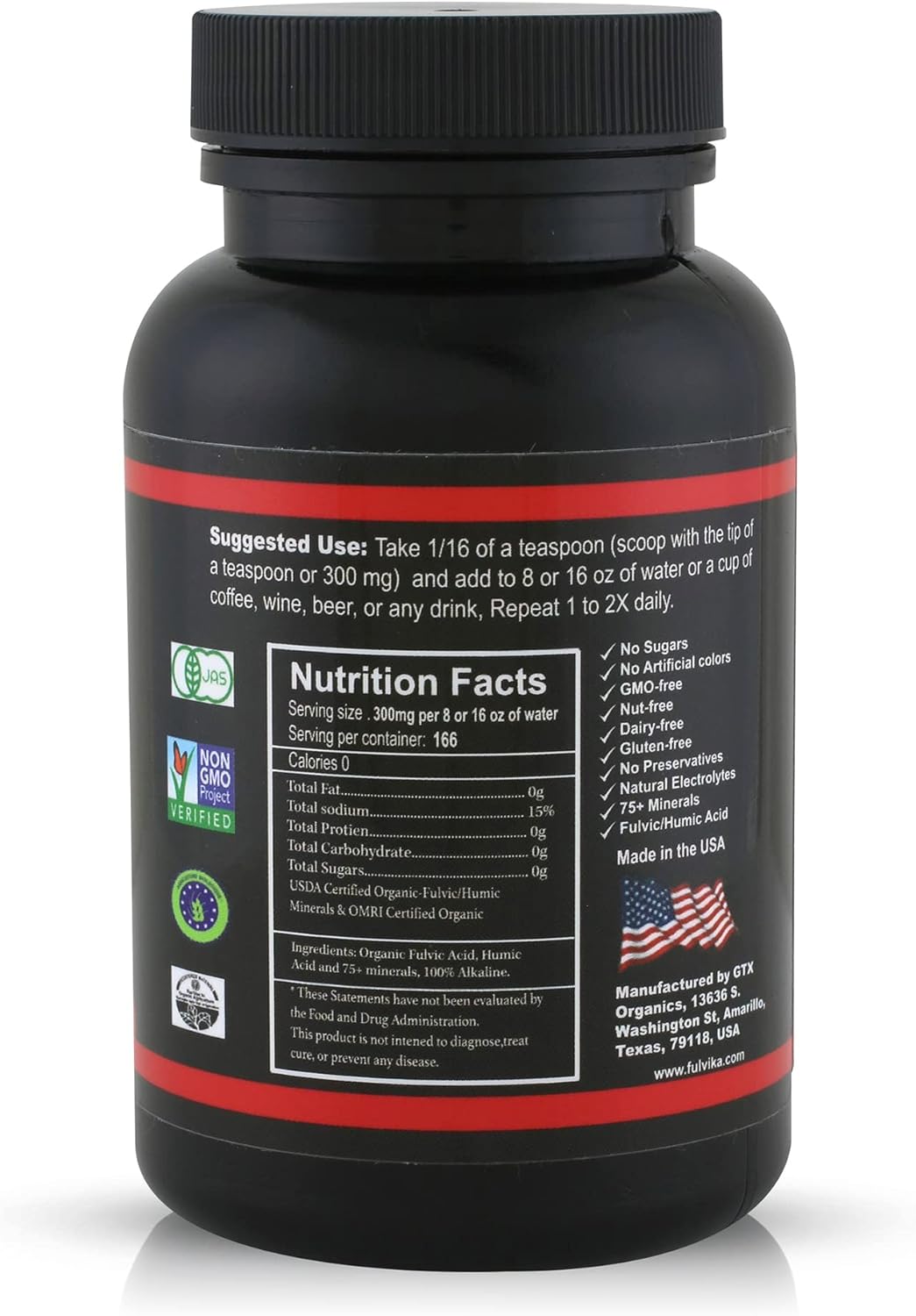 Fulvika Black Plant-Based Trace Mineral Powder with Electrolytes - Vegan Supplement (166 Servings, Flavorless, Kosher)