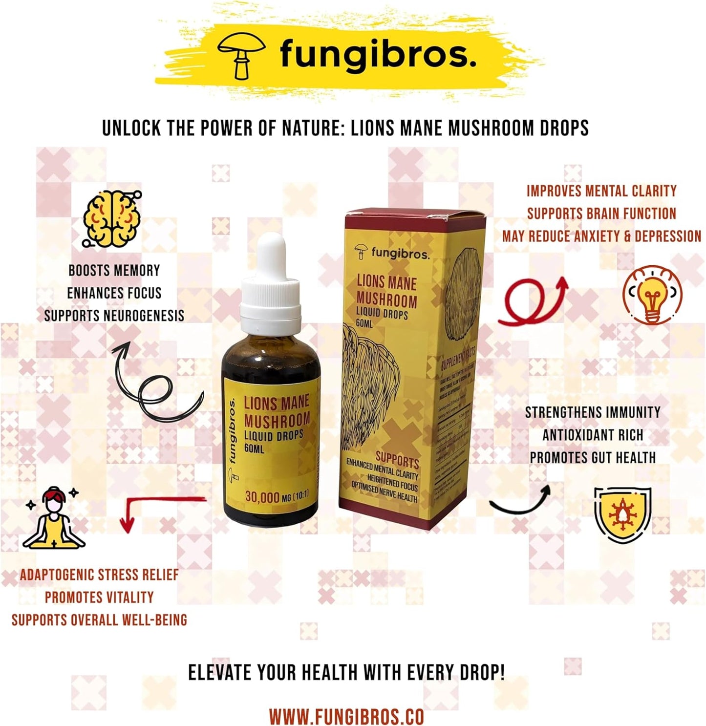 FungiBros. Lions Mane Liquid Extract 60ml - 30,000mg High Strength 10:1 Ratio - 2-Month Supply - Cognitive Support & Immune Booster