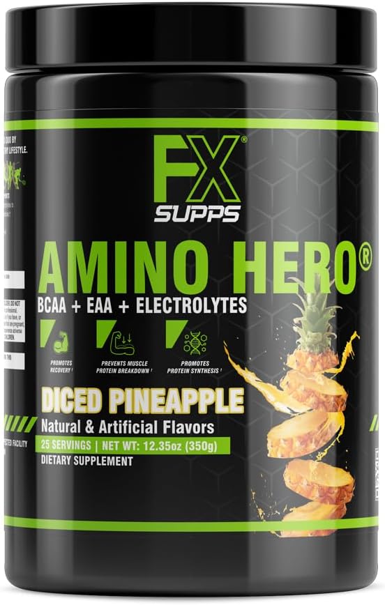 FXSUPPS Amino Hero Diced Pineapple Post-Workout Recovery Drink | Energy Powder with BCAA, EAA, Electrolytes | Boost Endurance and Muscle Health - 25 Servings