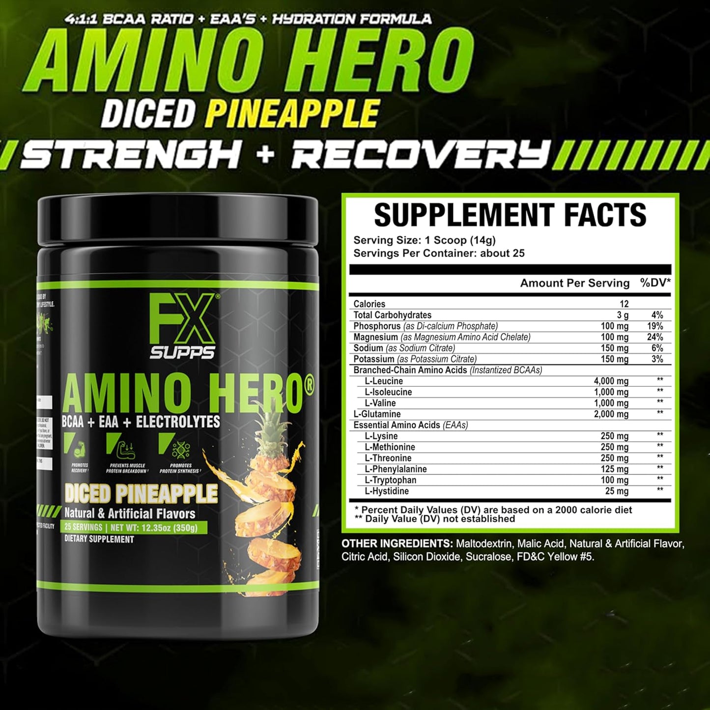 FXSUPPS Amino Hero Diced Pineapple Post-Workout Recovery Drink | Energy Powder with BCAA, EAA, Electrolytes | Boost Endurance and Muscle Health - 25 Servings