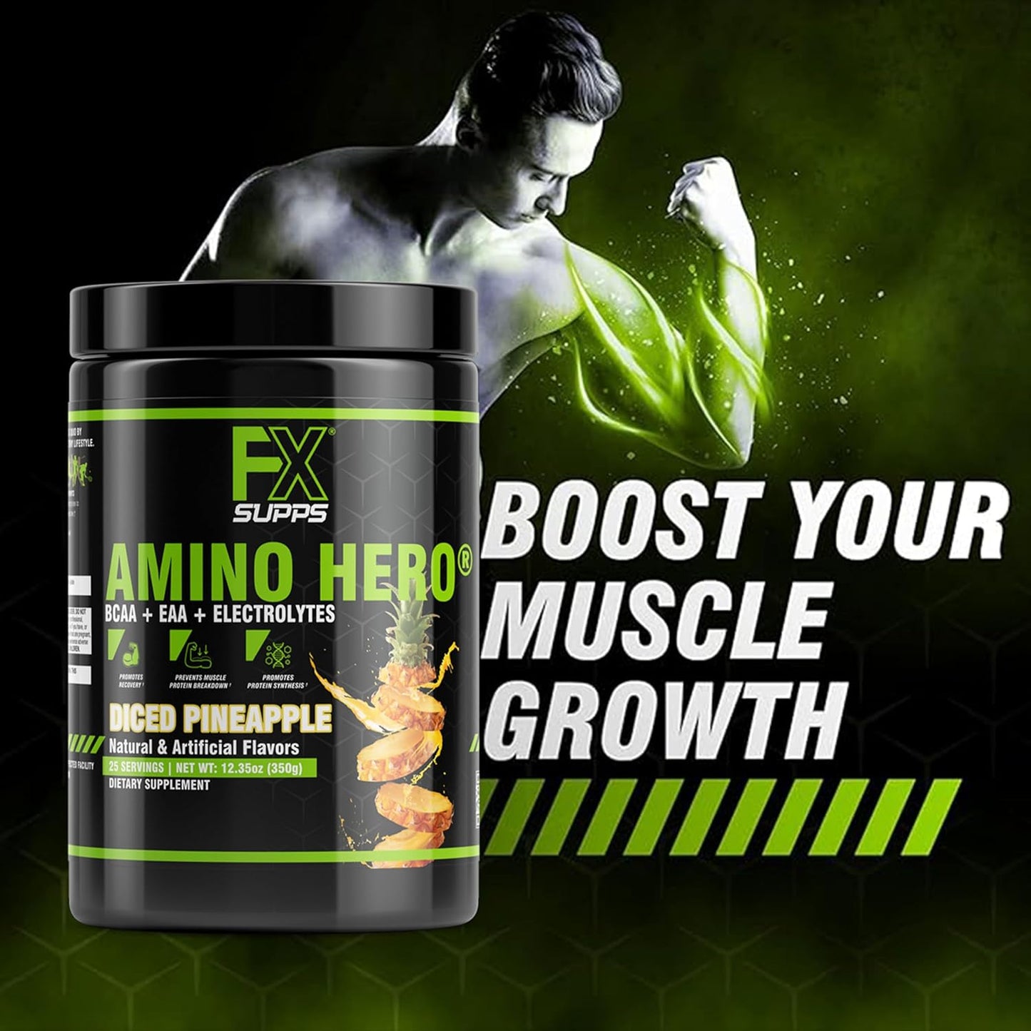 FXSUPPS Amino Hero Diced Pineapple Post-Workout Recovery Drink | Energy Powder with BCAA, EAA, Electrolytes | Boost Endurance and Muscle Health - 25 Servings