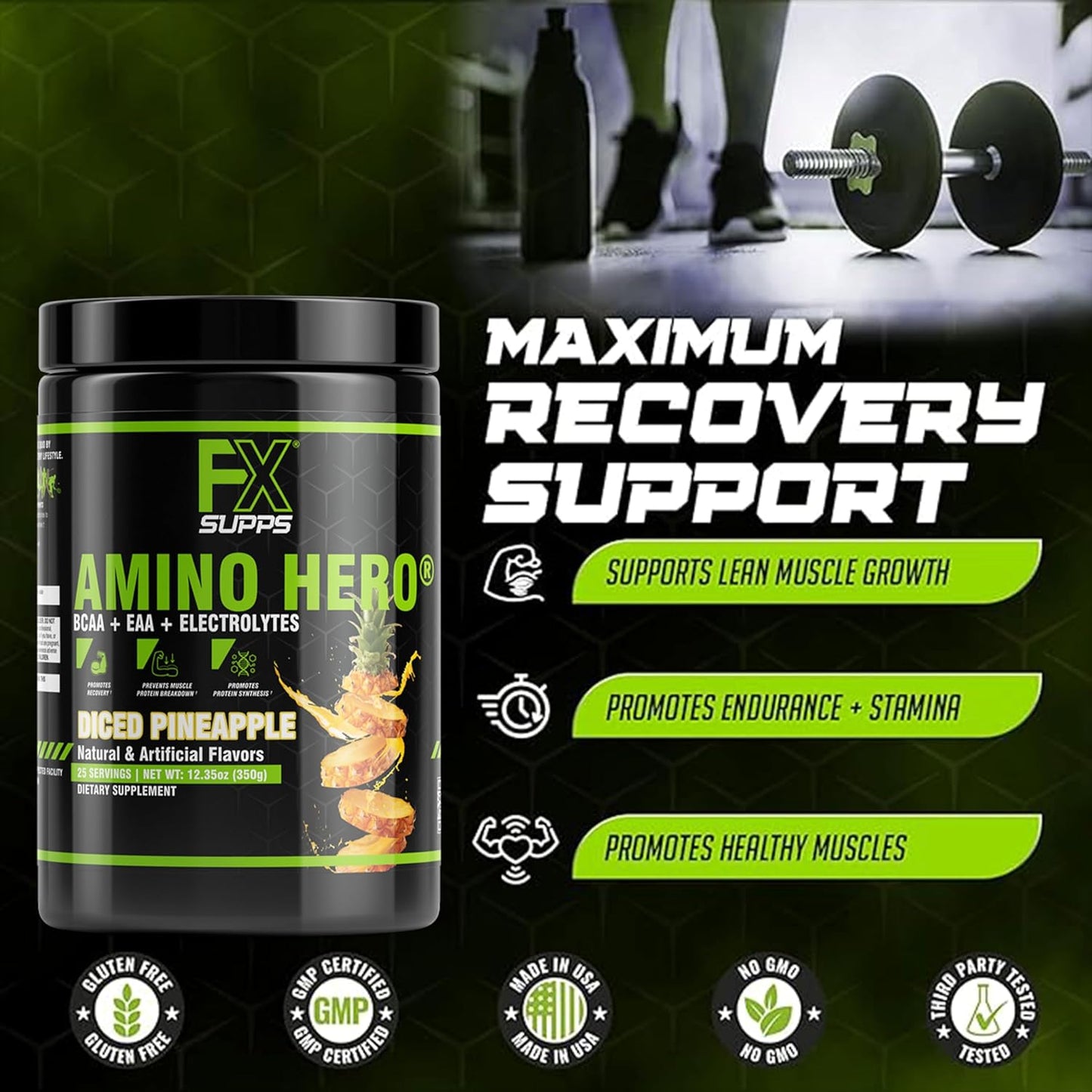 FXSUPPS Amino Hero Diced Pineapple Post-Workout Recovery Drink | Energy Powder with BCAA, EAA, Electrolytes | Boost Endurance and Muscle Health - 25 Servings