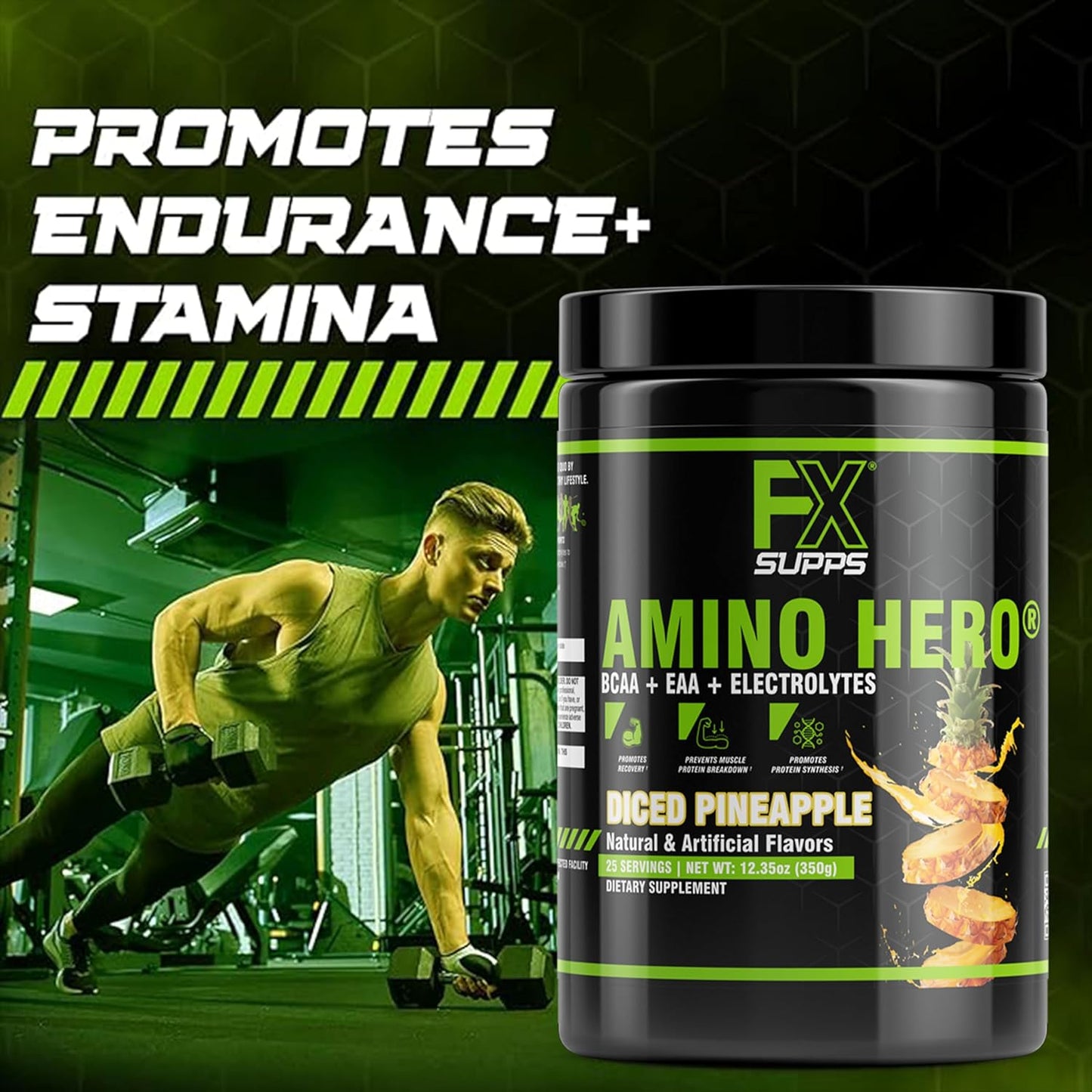 FXSUPPS Amino Hero Diced Pineapple Post-Workout Recovery Drink | Energy Powder with BCAA, EAA, Electrolytes | Boost Endurance and Muscle Health - 25 Servings