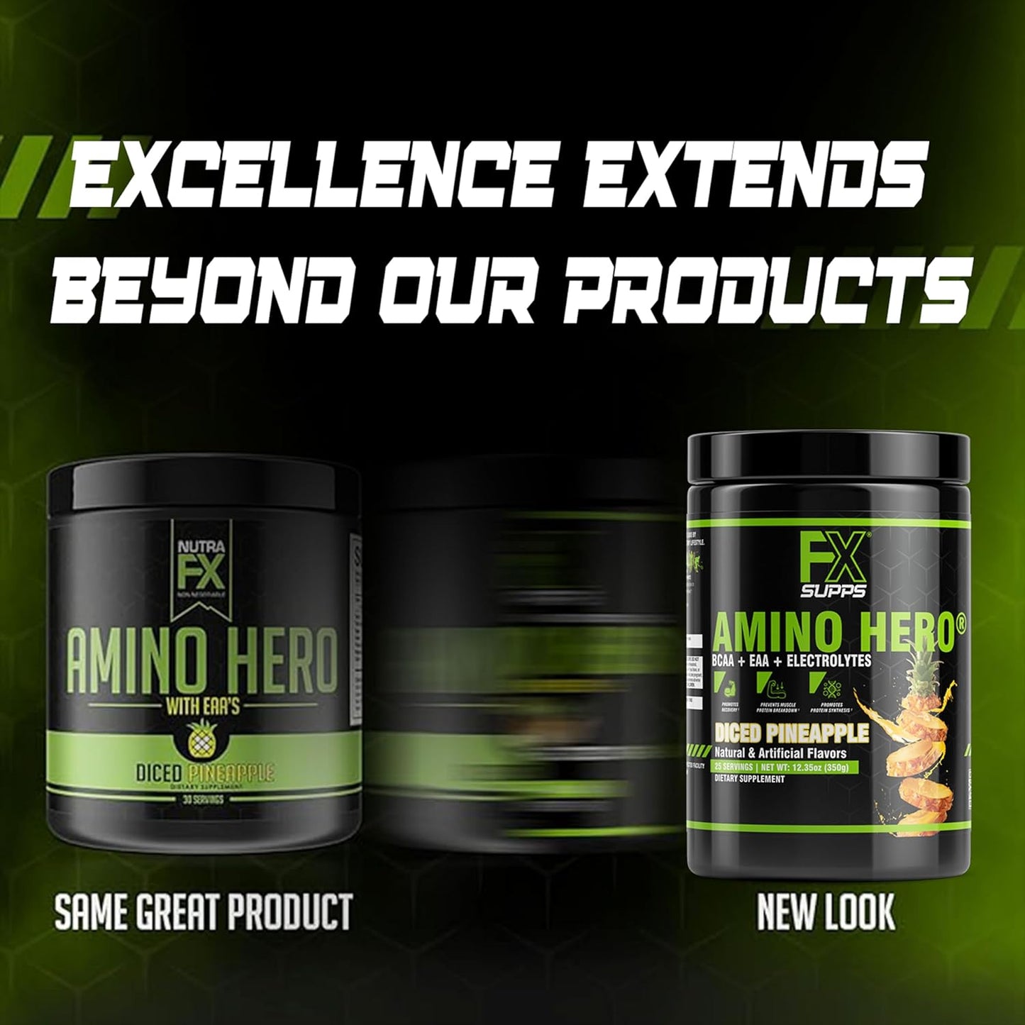 FXSUPPS Amino Hero Diced Pineapple Post-Workout Recovery Drink | Energy Powder with BCAA, EAA, Electrolytes | Boost Endurance and Muscle Health - 25 Servings