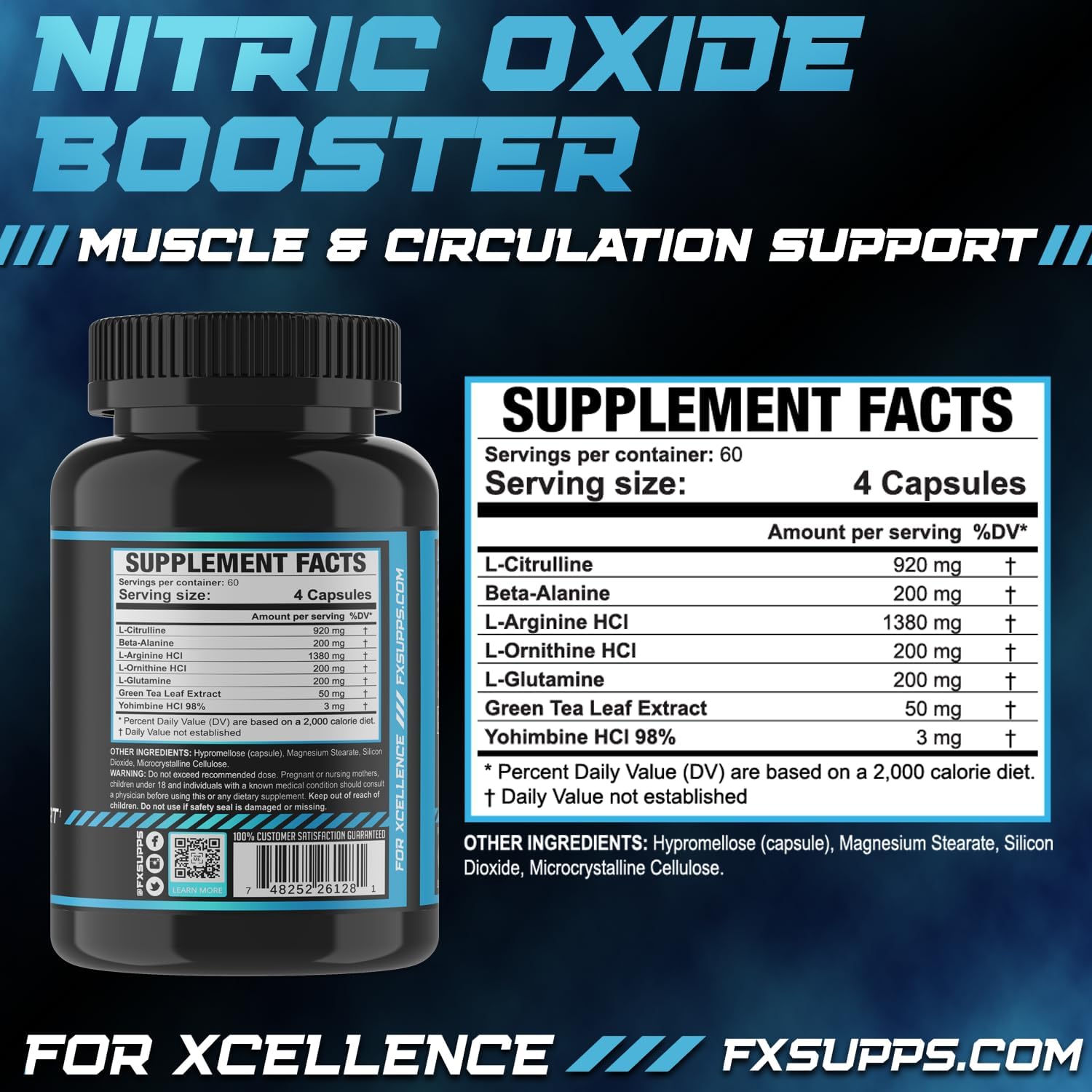 FXSUPPS Nitric Oxide Booster Capsules - 2 Pack for Energy, Pump, and Vascularity - Muscle Builder with Arginine - Best for Athletes
