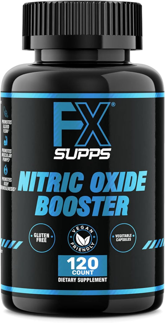 FXSUPPS Nitric Oxide Booster Capsules - Energy Pump & Vascularity Supplement with Arginine for Athletes - 120 Pills for Men and Women
