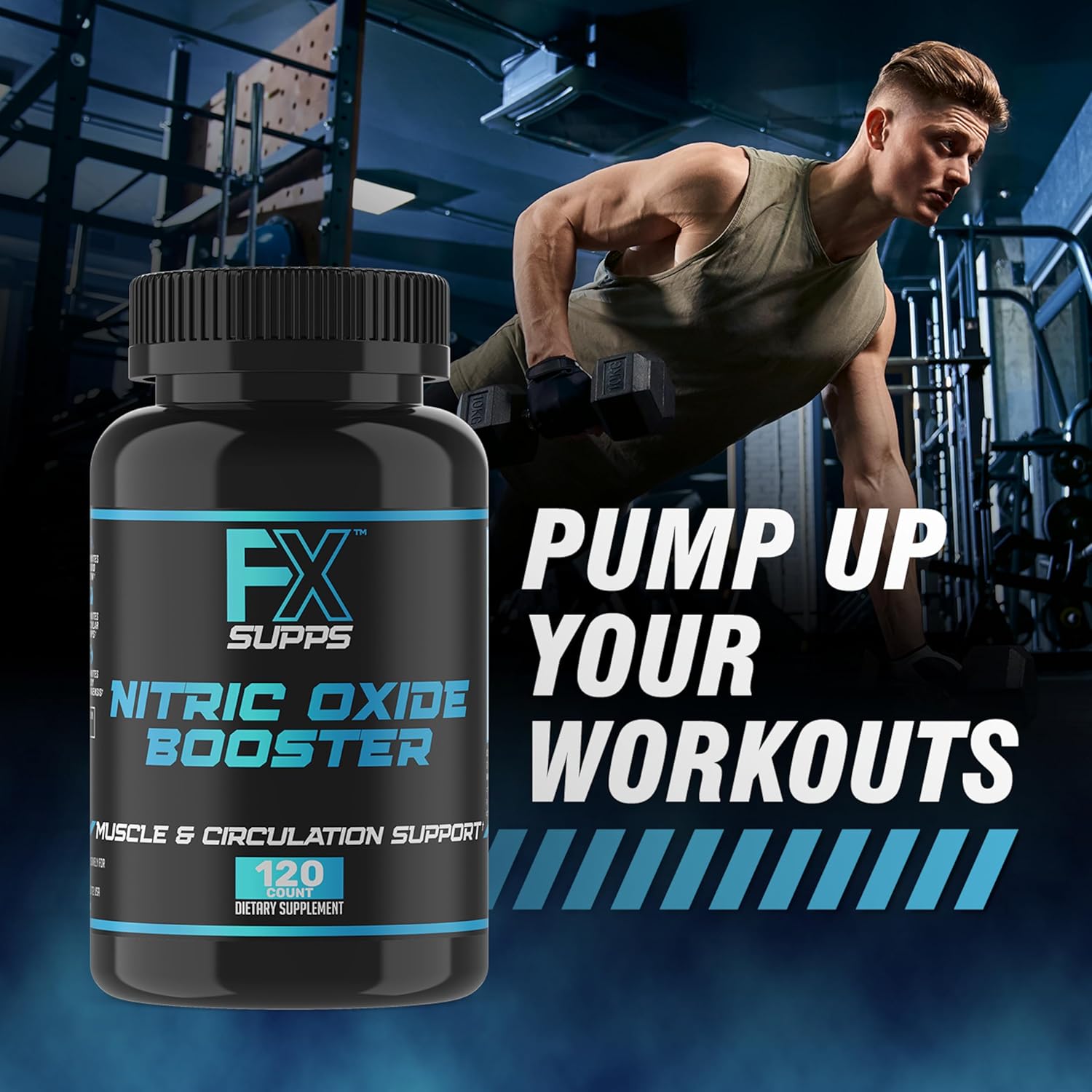 FXSUPPS Nitric Oxide Booster Capsules - Energy Pump & Vascularity Supplement with Arginine for Athletes - 120 Pills for Men and Women