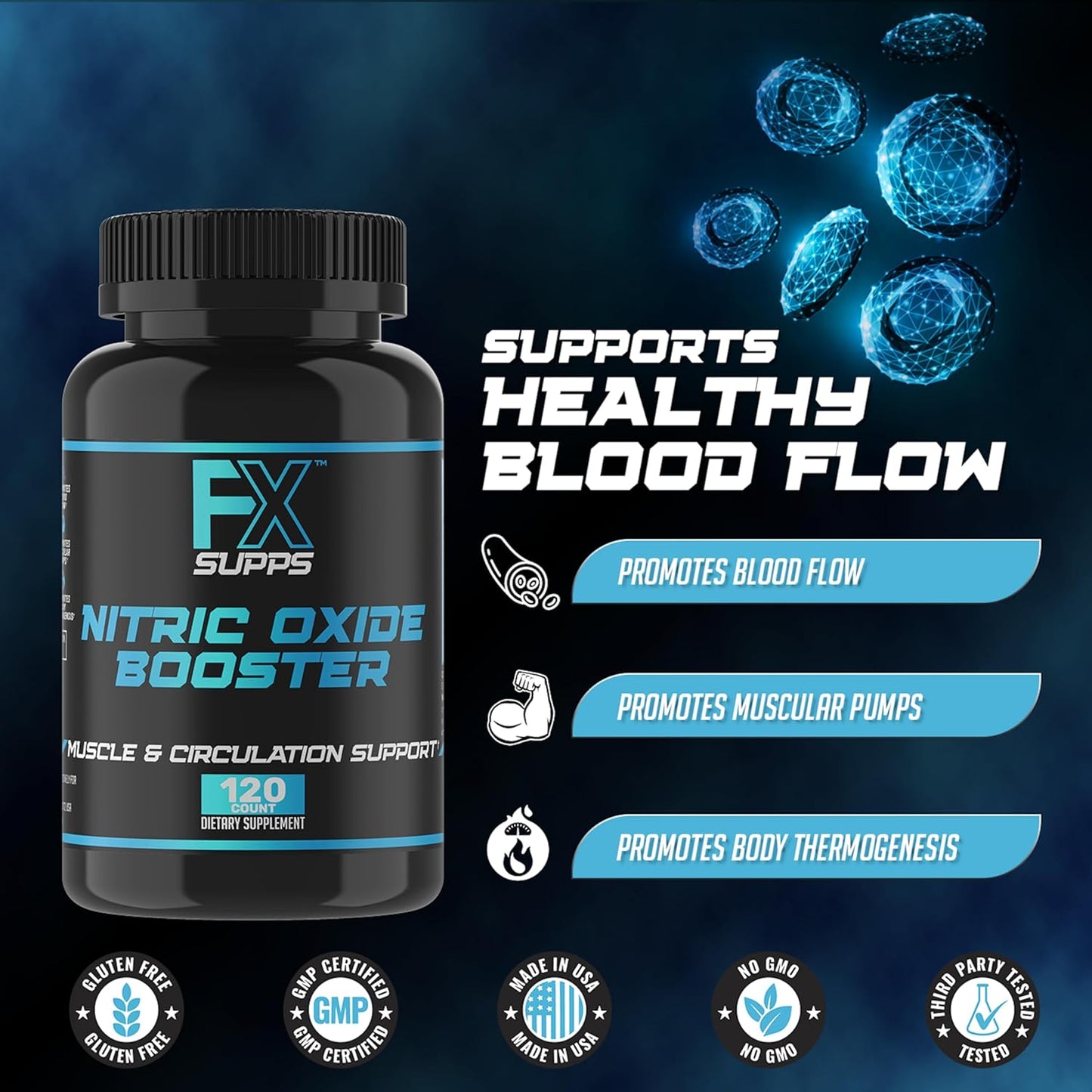 FXSUPPS Nitric Oxide Booster Capsules - Energy Pump & Vascularity Supplement with Arginine for Athletes - 120 Pills for Men and Women