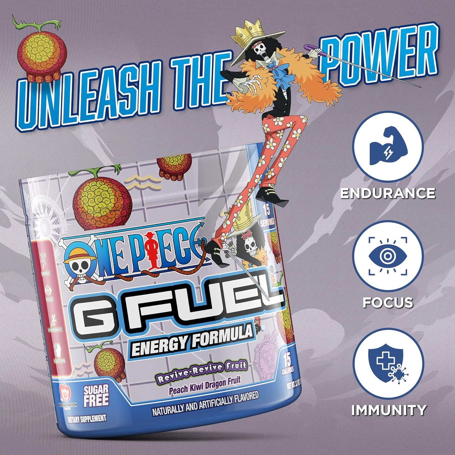 G Fuel ONE Piece Revive Energy Drink Powder - Peach Kiwi Dragon Fruit Flavor, Pre Workout Mix with Caffeine, Focus Amino & Antioxidants - 15 Servings