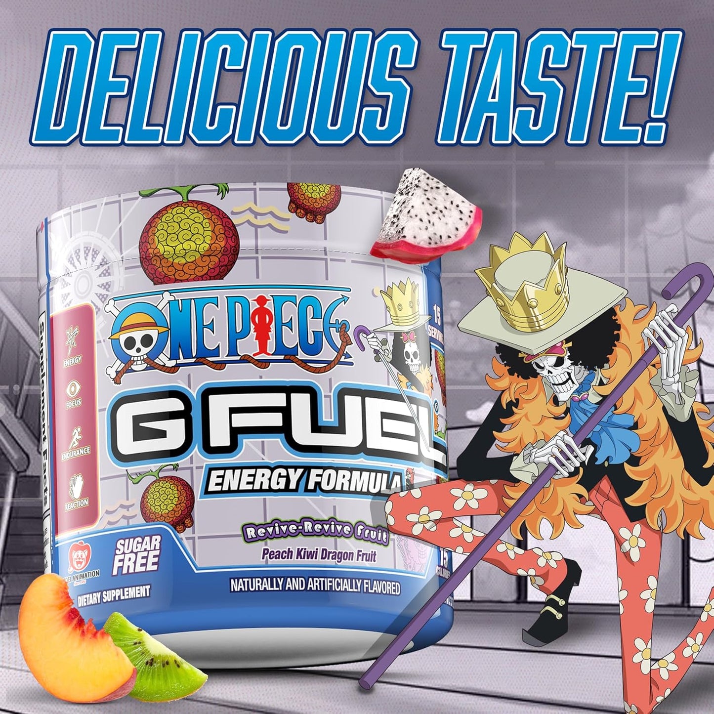 G Fuel ONE Piece Revive Energy Drink Powder - Peach Kiwi Dragon Fruit Flavor, Pre Workout Mix with Caffeine, Focus Amino & Antioxidants - 15 Servings