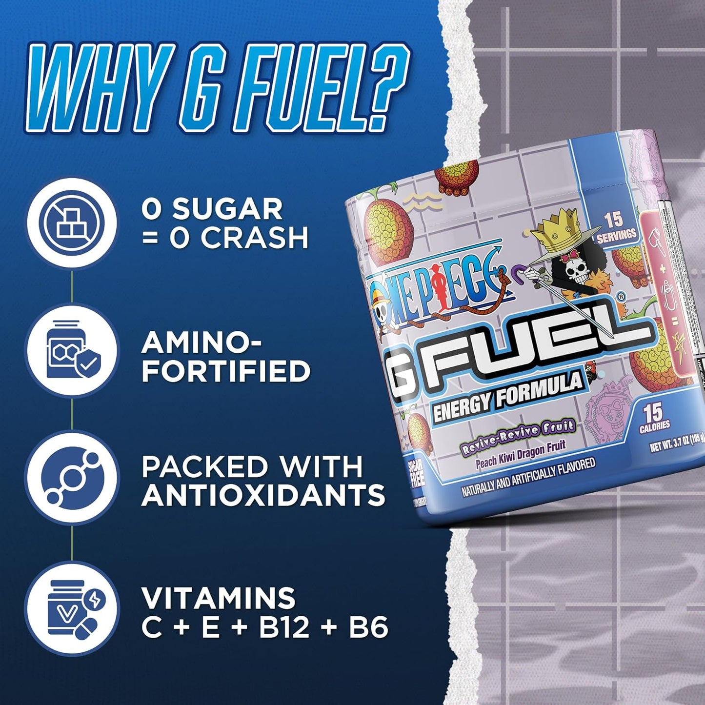 G Fuel ONE Piece Revive Energy Drink Powder - Peach Kiwi Dragon Fruit Flavor, Pre Workout Mix with Caffeine, Focus Amino & Antioxidants - 15 Servings