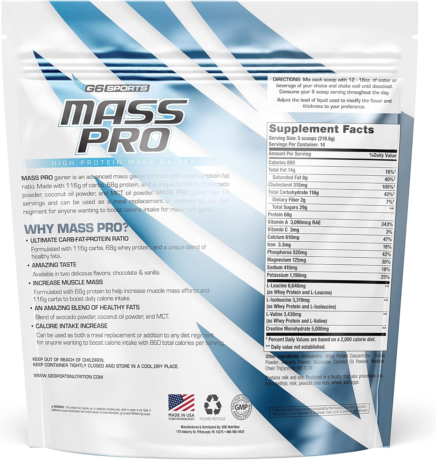 G6 Sports Nutrition Mass Pro High Protein Gainer with Avocado, Coconut, and MCT Oil - 7lb Chocolate Bag