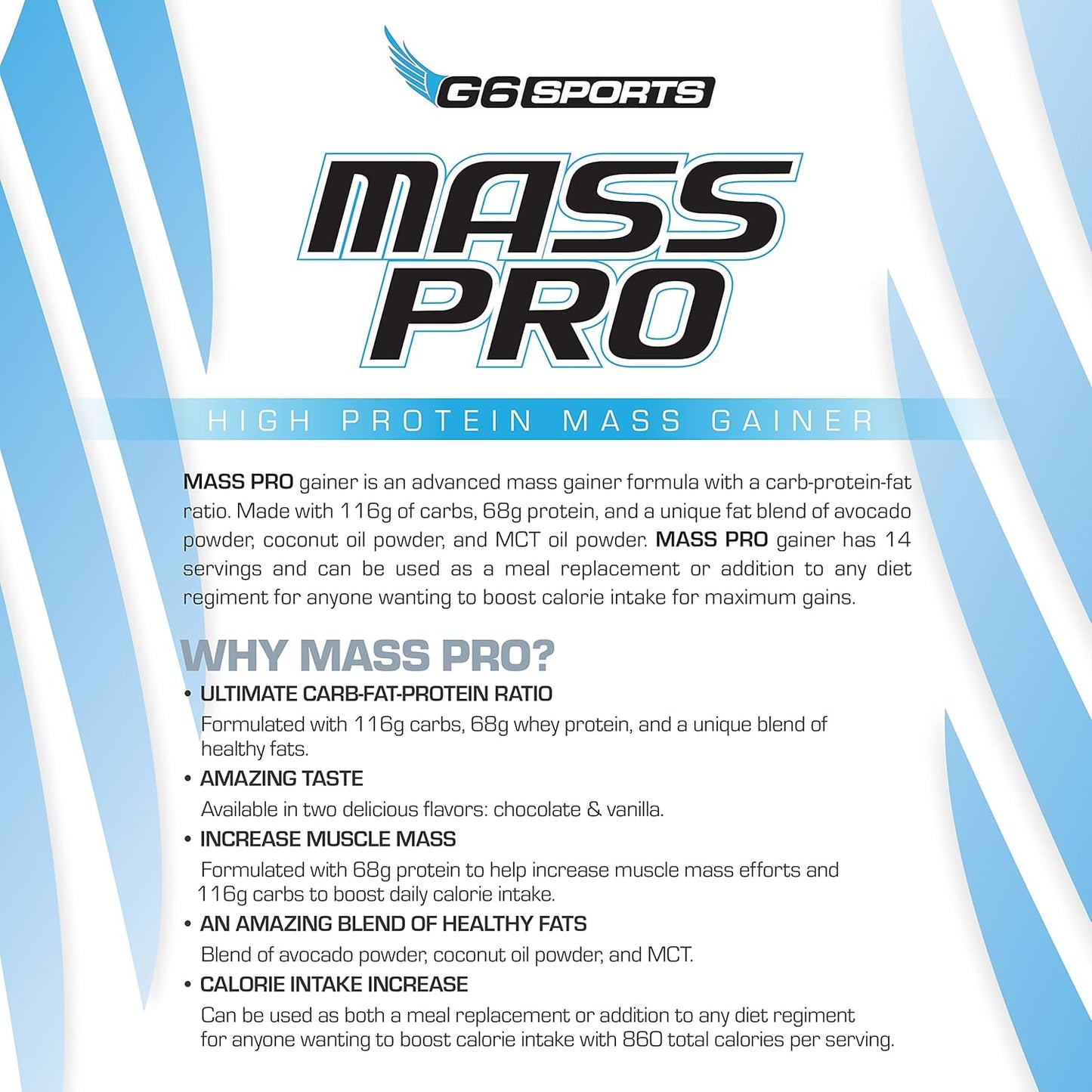 G6 Sports Nutrition Mass Pro High Protein Gainer with Avocado, Coconut, and MCT Oil - 7lb Chocolate Bag