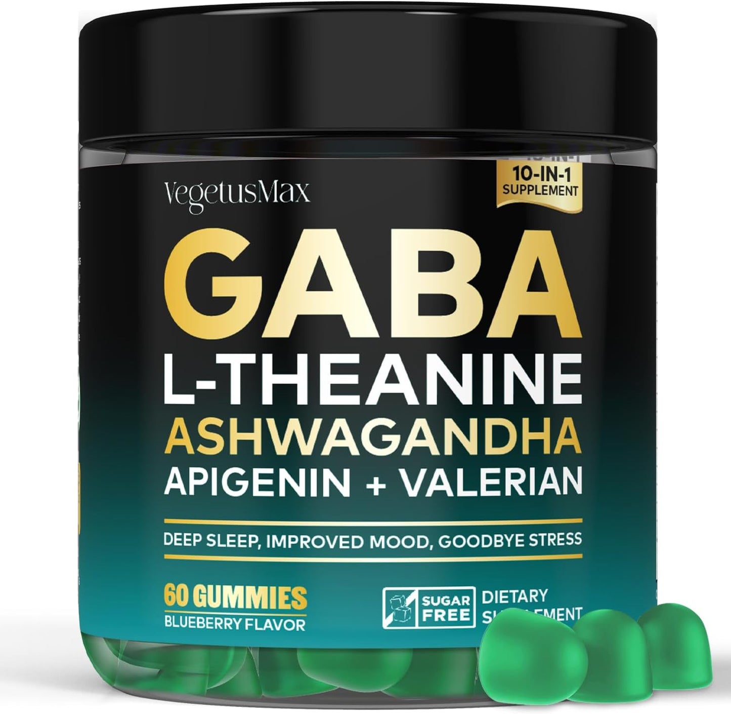 GABA L-Theanine Gummies Stress Relief Supplement with Ashwagandha & Magnesium - Calm, Sleep, Relax, Mood Support - Non-Habit Forming Blueberry Gummy