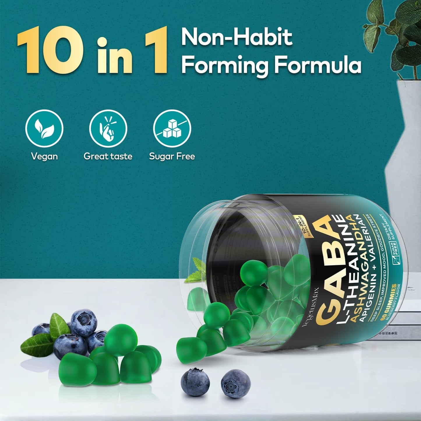 GABA L-Theanine Gummies Stress Relief Supplement with Ashwagandha & Magnesium - Calm, Sleep, Relax, Mood Support - Non-Habit Forming Blueberry Gummy