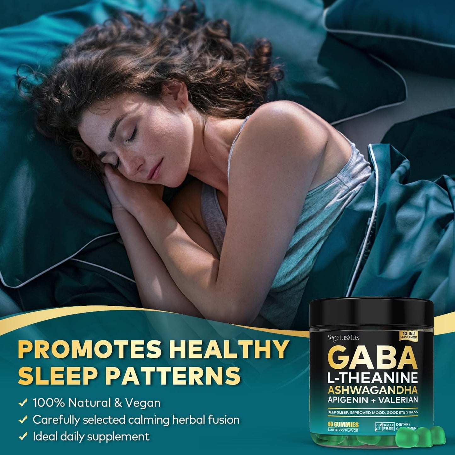 GABA L-Theanine Gummies Stress Relief Supplement with Ashwagandha & Magnesium - Calm, Sleep, Relax, Mood Support - Non-Habit Forming Blueberry Gummy
