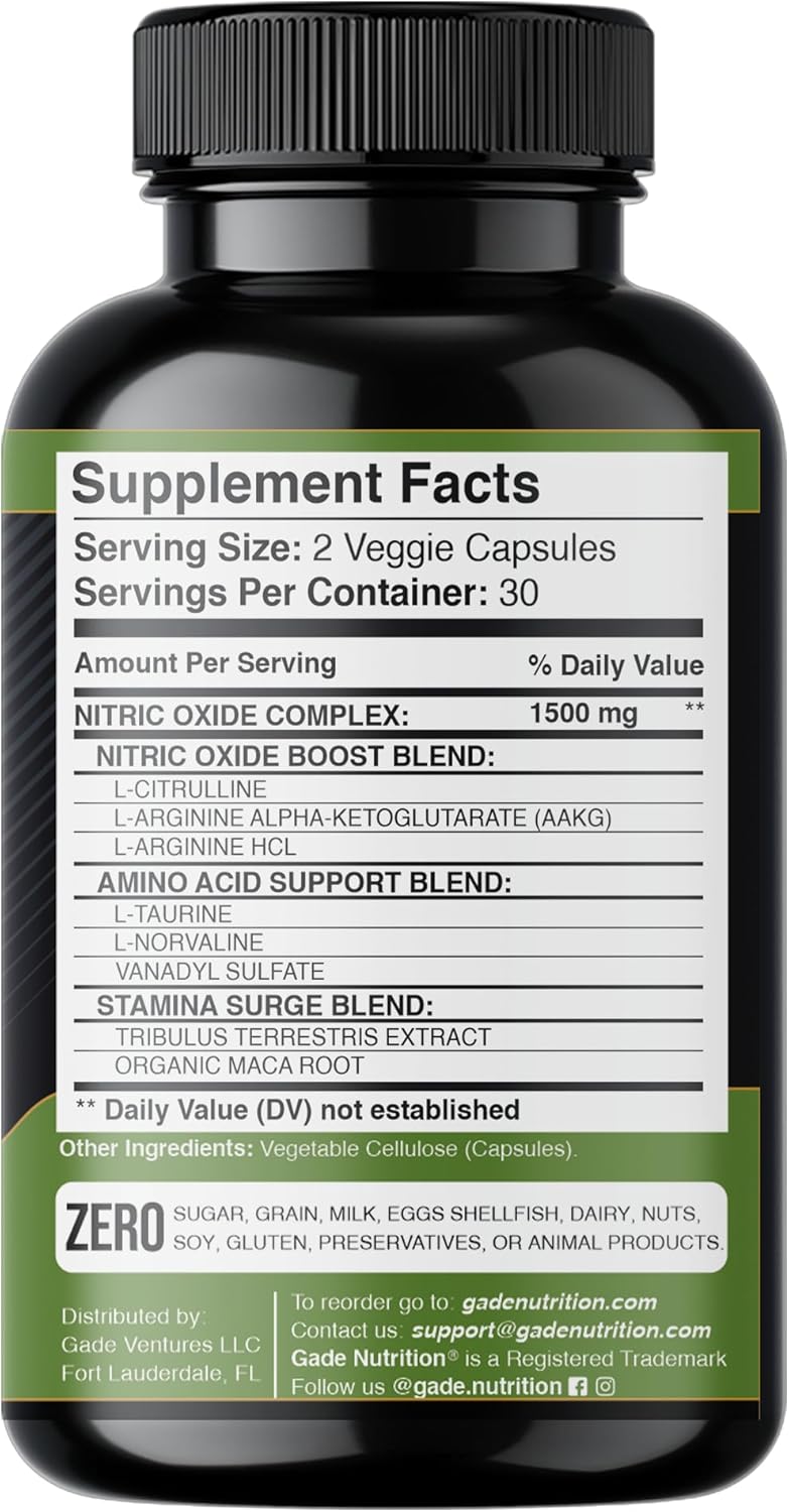 Gade Nutrition Nitric Oxide Supplement for Energy and Performance - L Arginine Capsules with Essential Amino Acids and Maca Root - Pre Workout Muscle Builder