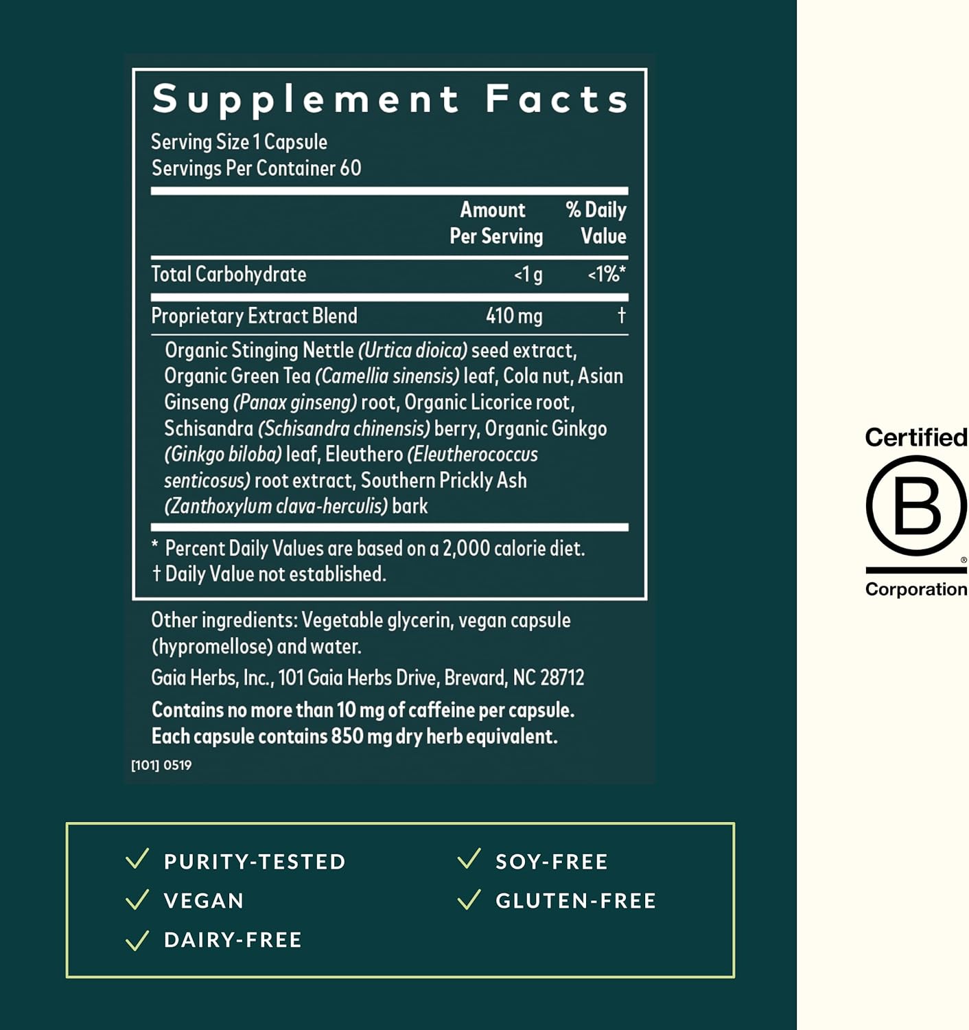 Gaia Herbs Energy Vitality Supplement with Ginkgo & Ginseng for Healthy Energy & Stress - 60 Vegan Capsules