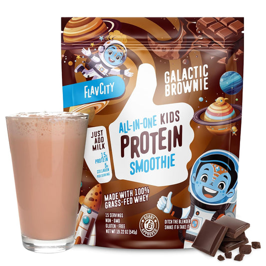 Galactic Brownie FlavCity Kids Protein Smoothie - Grass-Fed Whey & Collagen Powder, 15g Protein, Gluten-Free, Non-GMO - 15 Servings