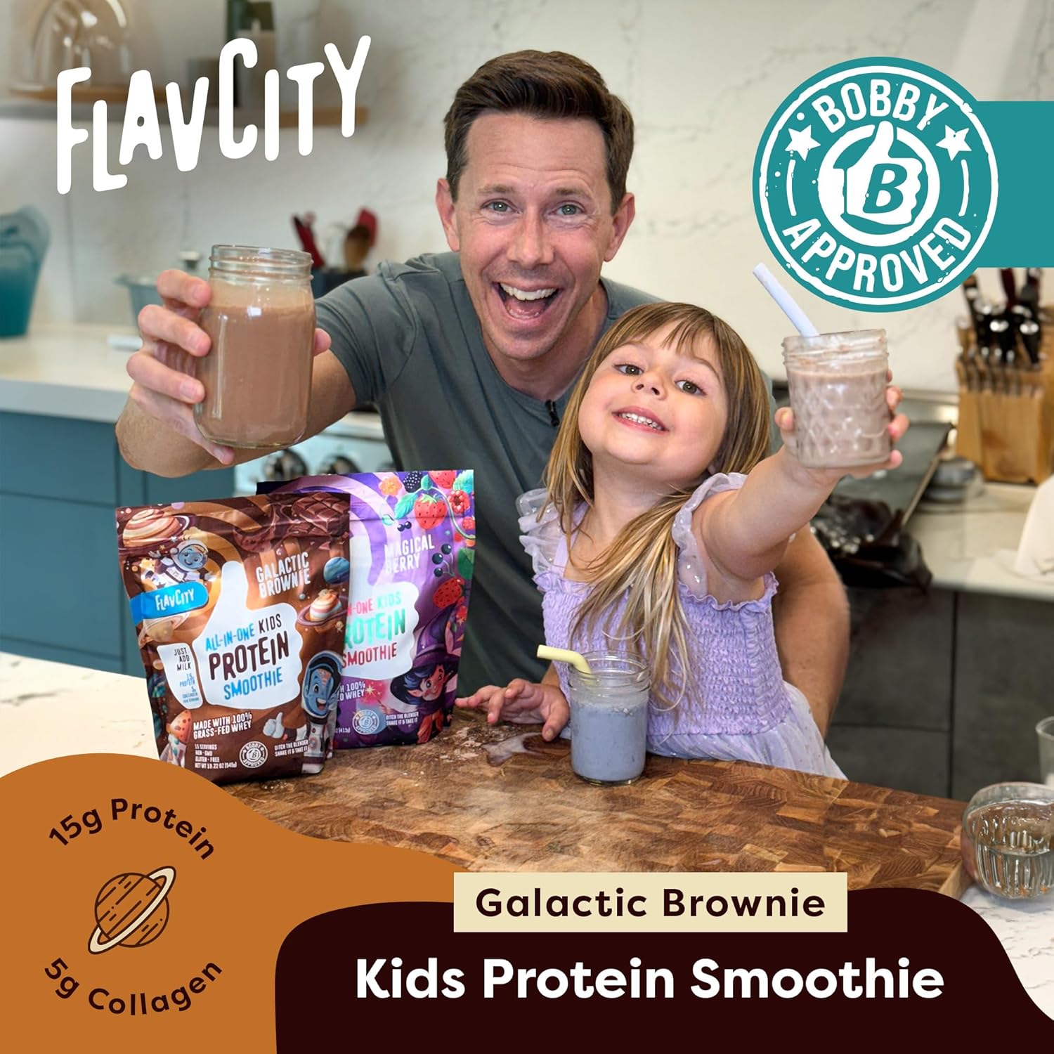 Galactic Brownie FlavCity Kids Protein Smoothie - Grass-Fed Whey & Collagen Powder, 15g Protein, Gluten-Free, Non-GMO - 15 Servings