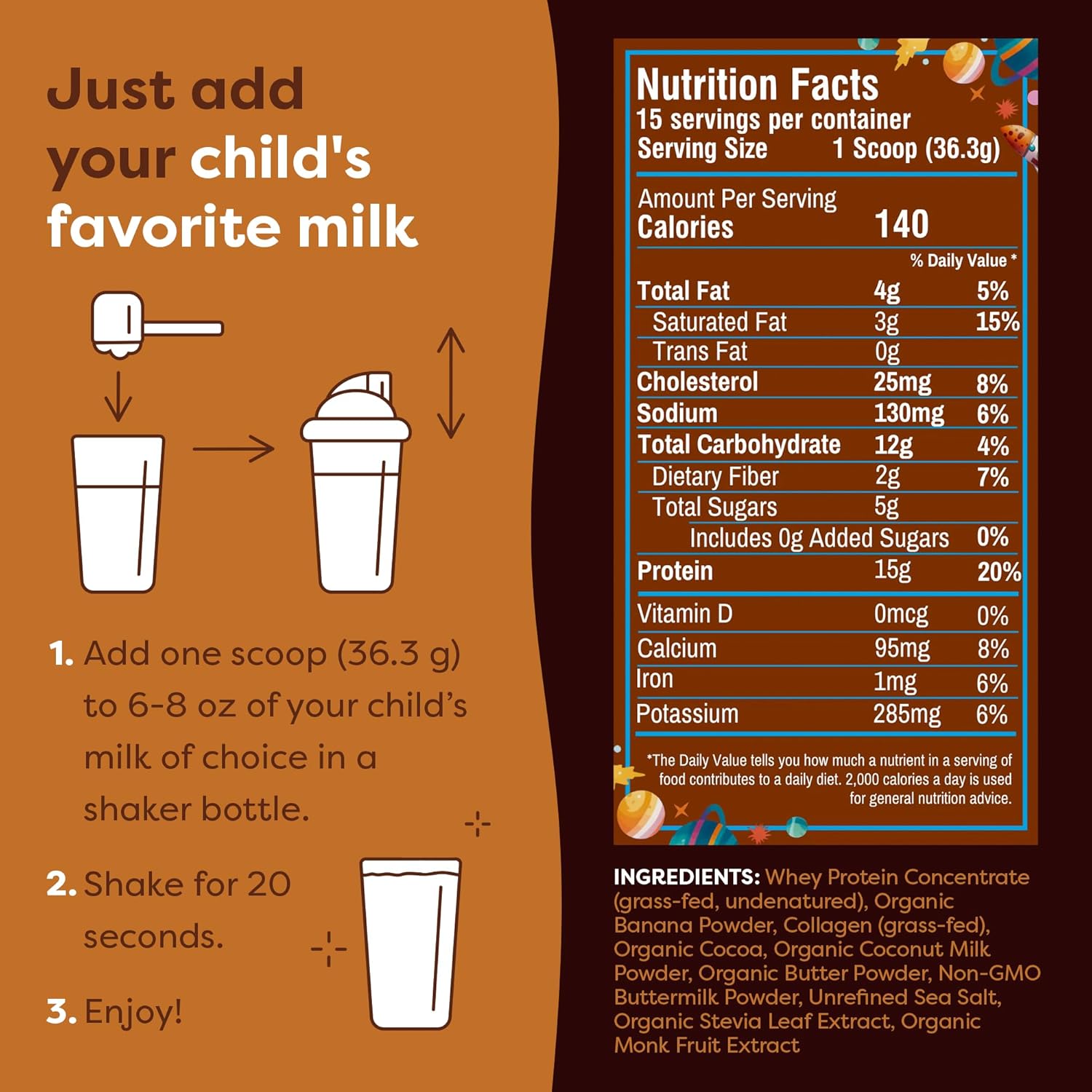 Galactic Brownie FlavCity Kids Protein Smoothie - Grass-Fed Whey & Collagen Powder, 15g Protein, Gluten-Free, Non-GMO - 15 Servings