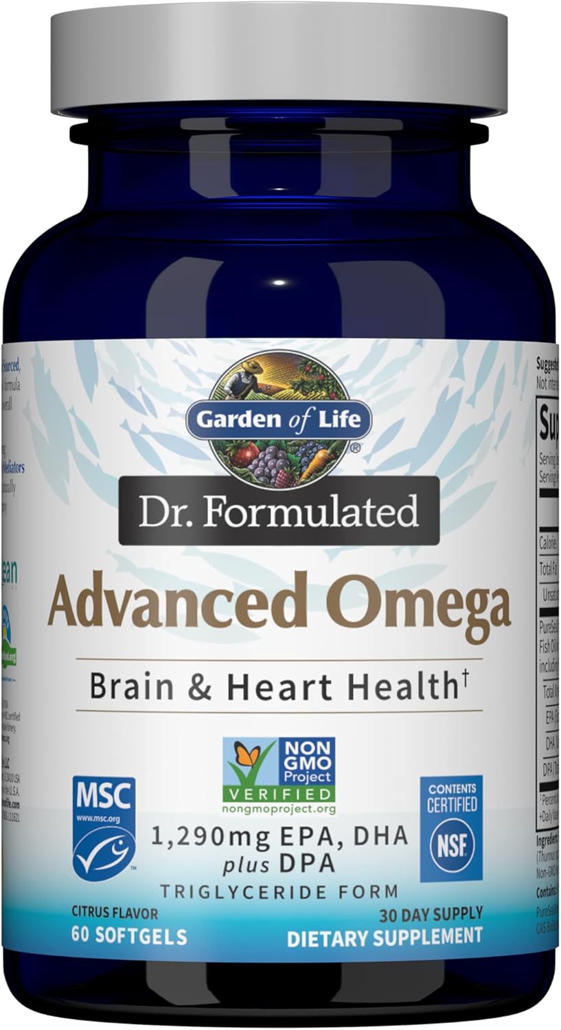 Garden of Life Dr. Formulated Advanced Omega Fish Oil Softgels - Lemon Flavor, High EPA, DHA, & DPA Levels, Single Source Omega 3 Supplement for Brain & Heart Health, Non-GMO - 60 Count
