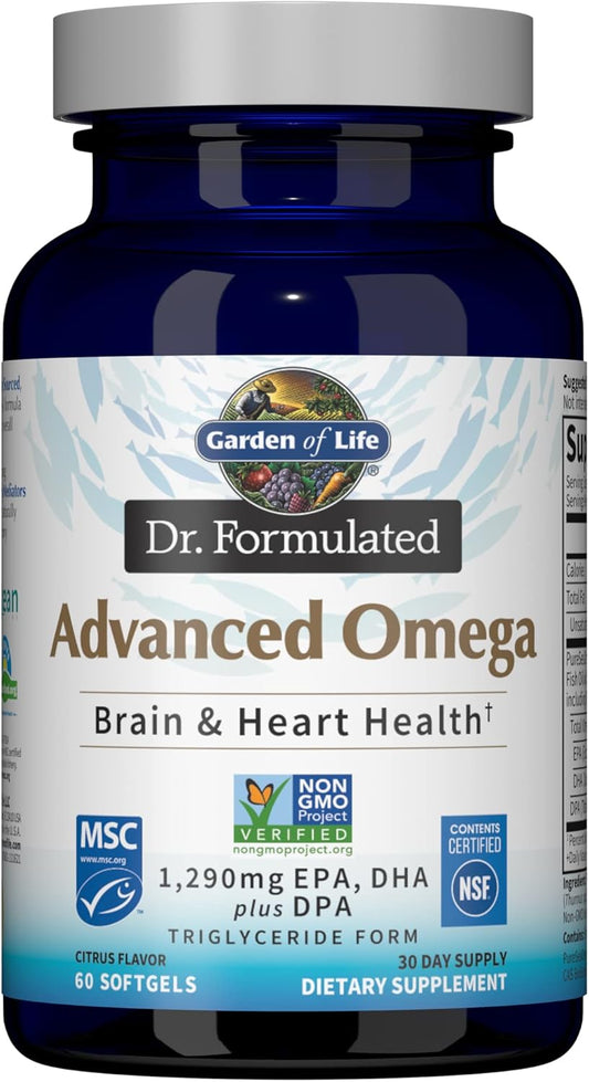 Garden of Life Dr. Formulated Advanced Omega Fish Oil Softgels - Lemon Flavor, High EPA, DHA, & DPA Levels, Single Source Omega 3 Supplement for Brain & Heart Health, Non-GMO - 60 Count