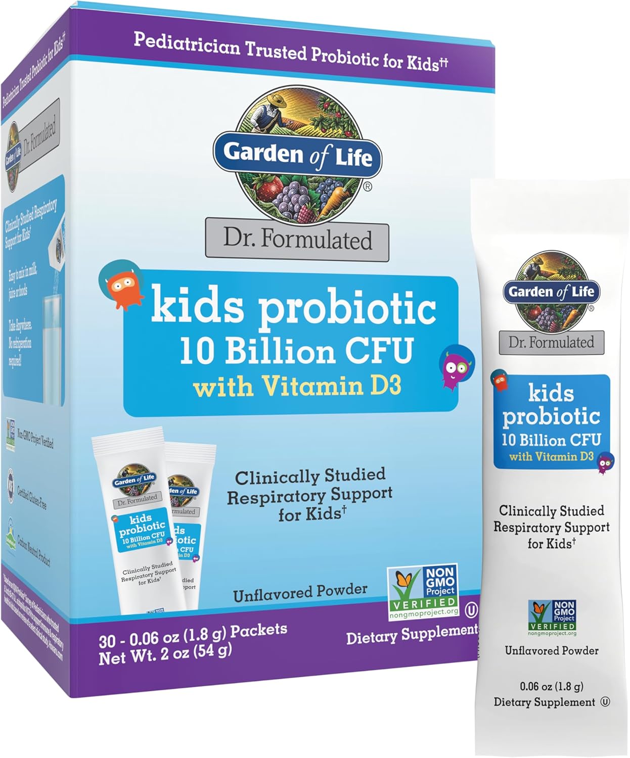 Garden of Life Kids' Probiotic Stick Packs with D3 - 10 Billion CFU, Bone & Teeth Support, 30ct