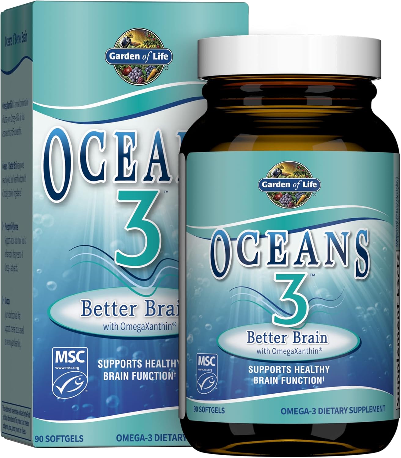 Garden of Life Oceans 3 Better Brain Supplement - Ultra Pure EPA/DHA Omega 3 Fish Oil with Antioxidants, 90 Softgels